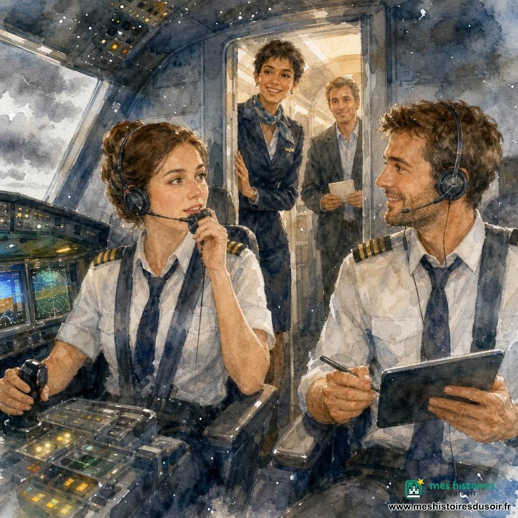 Femme pilote d’environ 35 ans, visage rond, peau claire, cheveux bruns en chignon, assise à gauche du cockpit, main sur le manche, voix calme au micro ; copilote Jonas, environ 30 ans, barbe de trois jours, assis à droite, tenant une tablette et un stylo, légèrement penché vers elle ; hôtesse Amira, environ 28 ans, peau métissée, cheveux courts, souriante, appuyée à l’encadrement de la porte du cockpit ; passager d’environ 40 ans en costume simple, tenant une lettre pliée dans la passerelle derrière la porte, regard reconnaissant ; cockpit moderne aux tableaux noirs brillants, écrans verts et bleus, boutons chromés et voyants jaunes, petits hublots sur un ciel nuageux ; scène de turbulence douce — l’avion vibre légèrement, la pilote annonce calmement, l’équipage rassure, ambiance sécurisante, gouttes d’aquarelle suggérant l’air agité et les nuages en dessous.