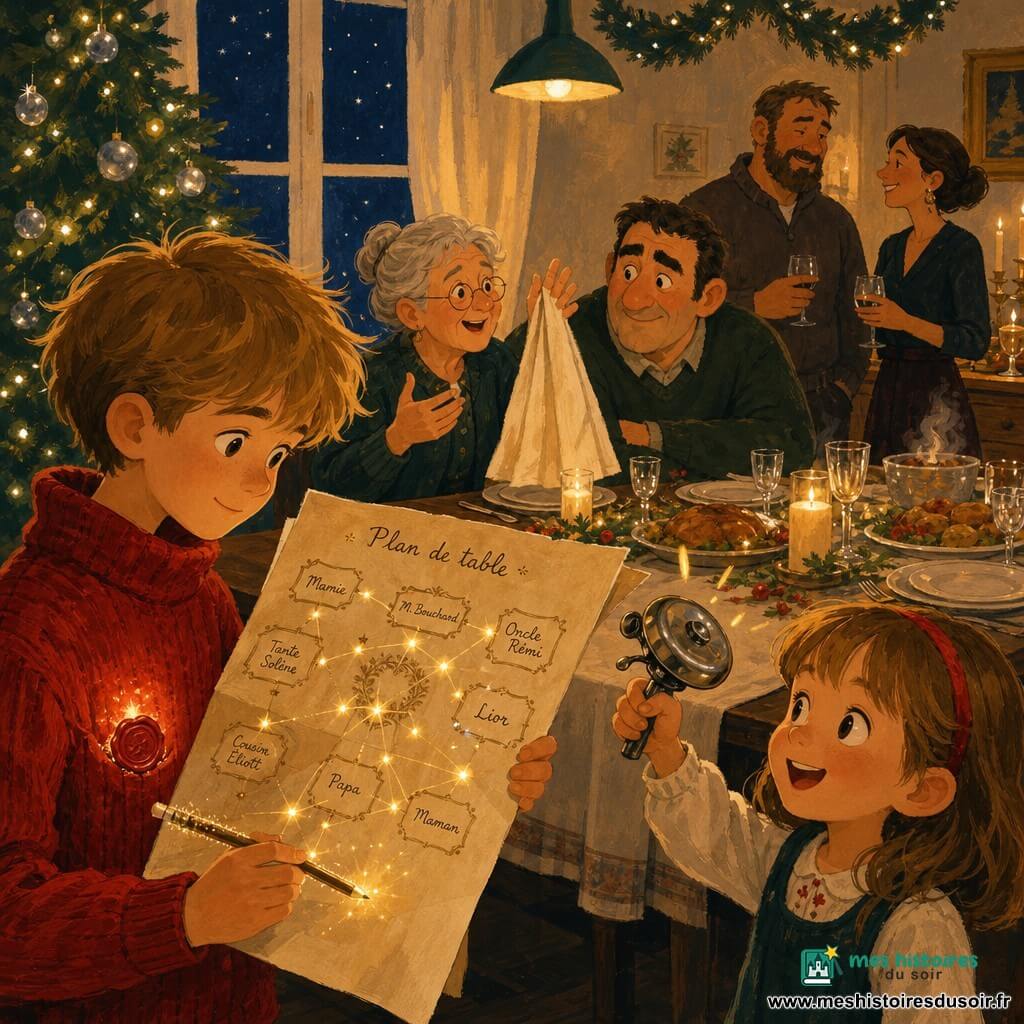 Lior, garçon de 10 ans aux cheveux miel et aux yeux curieux, tient un parchemin plié avec un plan de table tracé de fines lignes lumineuses comme des fils d’or et un crayon scintillant, portant un pull rouge avec un cachet de cire rouge brillant dans la poche; sa petite sœur Lune, 6 ans, excitée, tient une clochette de vélo, prête à sonner le dessert; la grand-mère au chignon gris, douce et malicieuse, raconte une histoire la main sur une serviette, Monsieur Bouchard, grand et aux sourcils broussailleux, écoute ému à ses côtés, l’oncle Rémi et la tante Solène discutent près du buffet; la scène se déroule dans une salle à manger chaleureuse avec une longue table en bois foncé, nappe ivoire, bougies allumées, guirlandes et boules argentées sur un sapin scintillant, assiettes et plats fumants sous une lumière douce, l’ensemble dégage une atmosphère intime et réconciliatrice de réveillon de Noël.