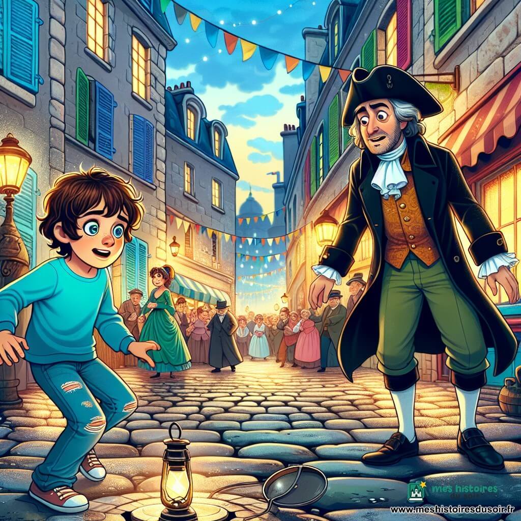 Un garçon de 12 ans, aux cheveux châtains en bataille et aux yeux curieux, se tient au centre de la scène. Il porte un t-shirt bleu vif et un jean déchiré, avec un regard émerveillé. À ses côtés, un homme d'une quarantaine d'années, vêtu d'un long manteau noir et d'un tricorne, cherche frénétiquement un médaillon en argent sur le sol. L'homme a une expression anxieuse, prêt à parler. Le décor est une ruelle pavée de Paris, avec des maisons en pierre aux volets colorés et des lampes à huile diffusant une lumière douce. Une foule joyeuse anime les rues. Le garçon vient de découvrir le médaillon scintillant sous une caisse en bois et tend la main pour le ramasser, tandis que l'homme l'observe avec espoir. L'excitation et le mystère de ce moment capturent l'essence d'un voyage dans le temps.