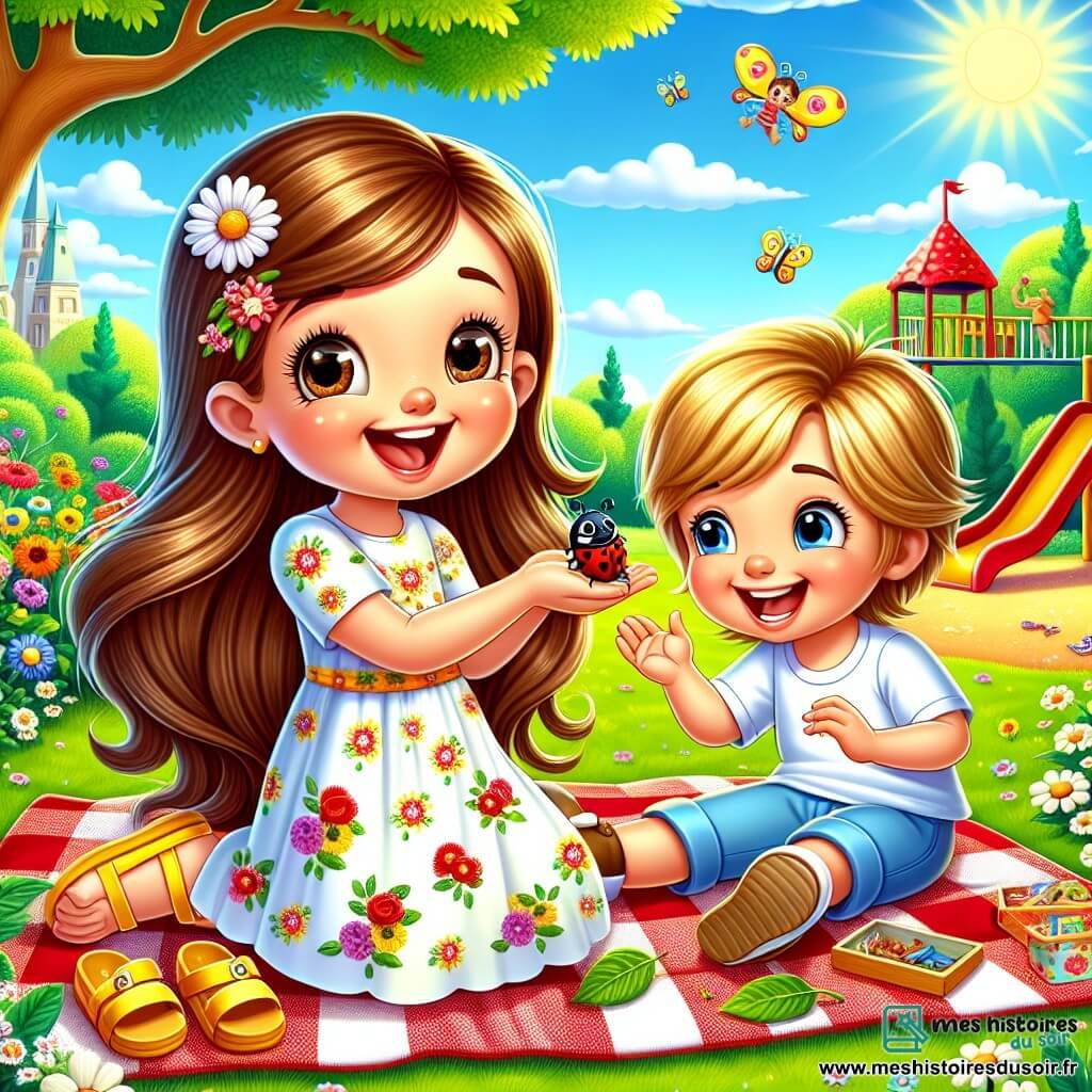 Une petite fille de 4 ans, Lilas, avec de longs cheveux bruns et des yeux pétillants, est assise sur une couverture à carreaux rouges et blancs, souriant. Elle porte une robe légère à fleurs et des sandales jaunes. À côté d'elle, son ami Noé, un garçon de 4 ans aux cheveux blonds et aux yeux bleus, montre une coccinelle rouge sur sa main, riant. Le parc est verdoyant, avec des arbres, des fleurs colorées et un ciel bleu parsemé de nuages blancs. Au loin, on voit un toboggan et des enfants sur une balançoire. Lilas et Noé construisent une petite maison pour la coccinelle avec des feuilles et des bâtons, profitant d'une belle journée d'été.