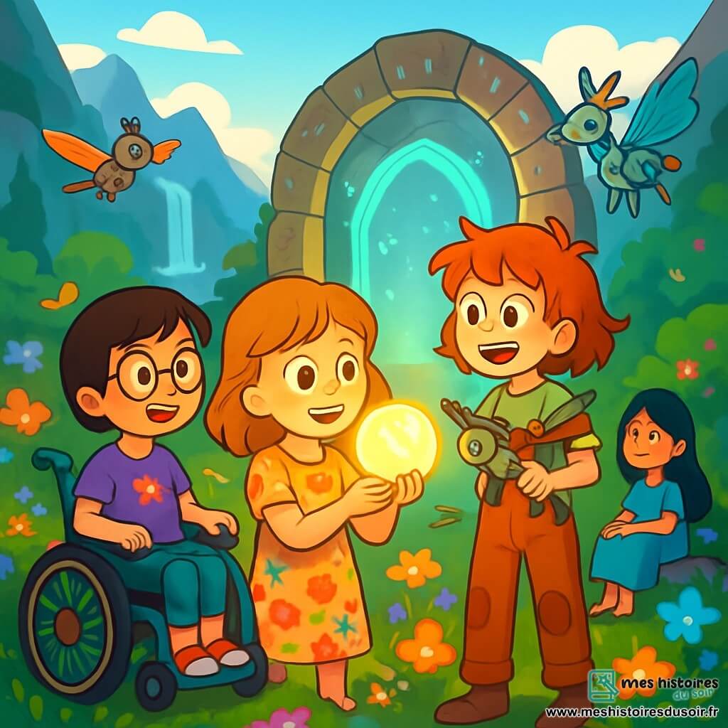 Quatre enfants se trouvent dans une vallée cachée entourée de montagnes et de cascades. Lyra, 10 ans, a des cheveux couleur miel et une robe florale, tenant une sphère lumineuse. Émia, 9 ans, aux cheveux bruns courts et lunettes rondes, est dans un fauteuil roulant décoré. Nova, 10 ans, avec des cheveux roux en désordre, bricole un gadget volant. Solène, 9 ans, a de longs cheveux noirs et une robe bleue, assise sur une pierre, écoute le vent. Elles découvrent un portail ancien en pierre, émettant une douce lumière, prêtes à entrer dans un monde magique, émerveillées.