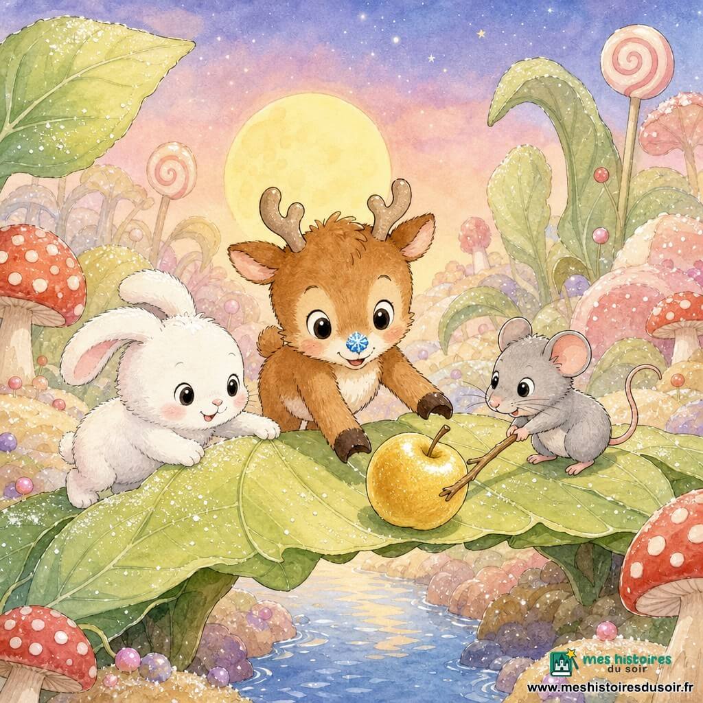 Petit renne brun clair au ventre blanc et étoile de givre bleue sur le nez, un lapin blanc à gauche tenant une feuille et une souris grise à droite poussant une pomme dorée avec une brindille se tiennent sur un pont de feuilles qui craque dans une forêt de sucre aux feuilles géantes, champignons rouges et poussière scintillante, lune basse et ciel pastel, scène d'entraide joyeuse en traits d'encre et aquarelle pastel.