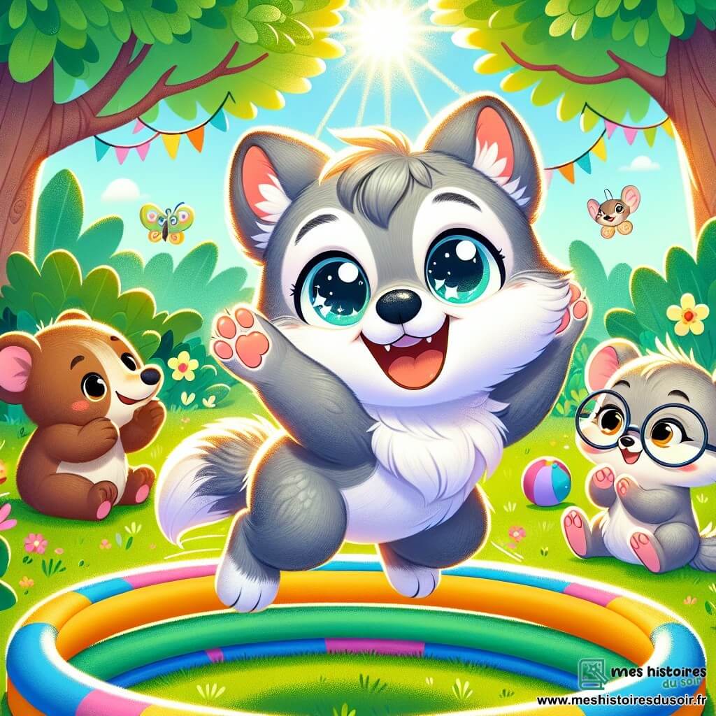 Illustration d'un petit loup aux yeux pétillants et au pelage gris clair, souriant fièrement en roulant à travers un cerceau coloré, exprimant joie et détermination. À proximité, un petit ours brun, avec une patte blessée, l'encourage avec un sourire chaleureux, tandis qu'une petite souris aux poils gris et portant des lunettes applaudit joyeusement. La scène se déroule dans une clairière ensoleillée, entourée d'arbres majestueux et de fleurs multicolores, avec un sol recouvert d'herbe douce. Le loup est entouré de ses amis qui l'applaudissent, créant une atmosphère de camaraderie. Des ballons colorés, des rires d'animaux et des papillons ajoutent une touche de magie à cette scène vivante.