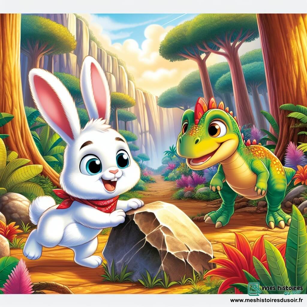 Un lapin curieux nommé Pipo, avec un pelage blanc et de grandes oreilles roses, saute joyeusement dans une forêt préhistorique. Il porte un petit foulard rouge et regarde autour de lui avec émerveillement. À ses côtés, un dinosaure à plumes colorées nommé Dino, avec des écailles vertes et des plumes jaunes, sourit amicalement. Ils se tiennent près d'une grande pierre qui bloque un chemin, entourés de plantes géantes et de fleurs éclatantes. La forêt est baignée de lumière dorée, avec de grands arbres et des fougères luxuriantes. Pipo et Dino poussent ensemble la pierre, déterminés à libérer le chemin vers l'eau, illustrant leur amitié et leur esprit d'aventure.