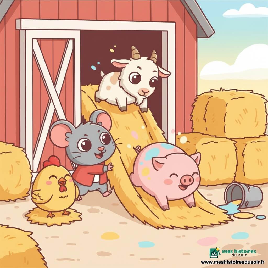 Rémi, un petit rat malicieux aux grandes oreilles et veste rouge, pousse une botte de foin qui fait doucement glisser Gaston le cochon, rose et joyeux, sur un toboggan devant une grange rouge à porte à moitié fermée; Margot la poule picore en riant à gauche près d’un tas de foin, Mimi la chèvre, blanche tachetée, est prête à sauter du sommet, tandis qu’un seau renversé répand de la peinture vive et laisse des traces de pattes sur la terre; scène colorée et animée, lumière douce de fin d’après-midi, style rond, couleurs vives, contours propres et expressions adorables, composition lisible pour un enfant.