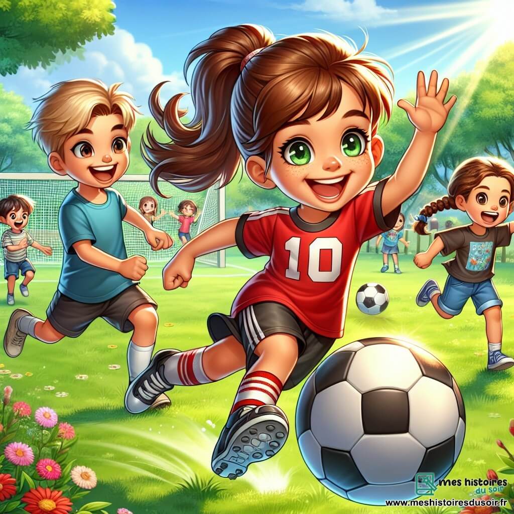 Sonia, une fille de 10 ans avec des cheveux bruns en queue de cheval, porte un maillot de football rouge et un short noir. Elle sourit en dribblant sur le terrain. À ses côtés, un garçon de 9 ans avec des lunettes et des cheveux blonds l'encourage, tandis qu'une petite fille de 8 ans avec des tresses et un t-shirt bleu court vers elle en demandant le ballon. Le parc ensoleillé est entouré d'arbres et de fleurs, avec d'autres enfants jouant au loin. Sonia tire le ballon avec force, tandis que les autres enfants se rassemblent autour d'elle, impatients de jouer ensemble.