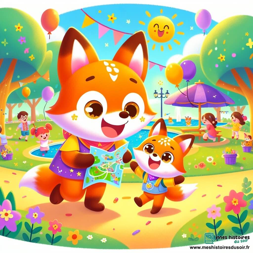 Un petit renard joyeux nommé Renou danse dans un parc ensoleillé, tenant une carte colorée. À côté de lui, son papa renard, au pelage brun doré, le regarde avec fierté tout en tenant un chapeau violet décoré d'étoiles. Le parc est rempli de fleurs colorées et d'arbres verdoyants, créant une ambiance festive. La scène montre Renou et son papa partageant un moment joyeux pour la fête des pères.
