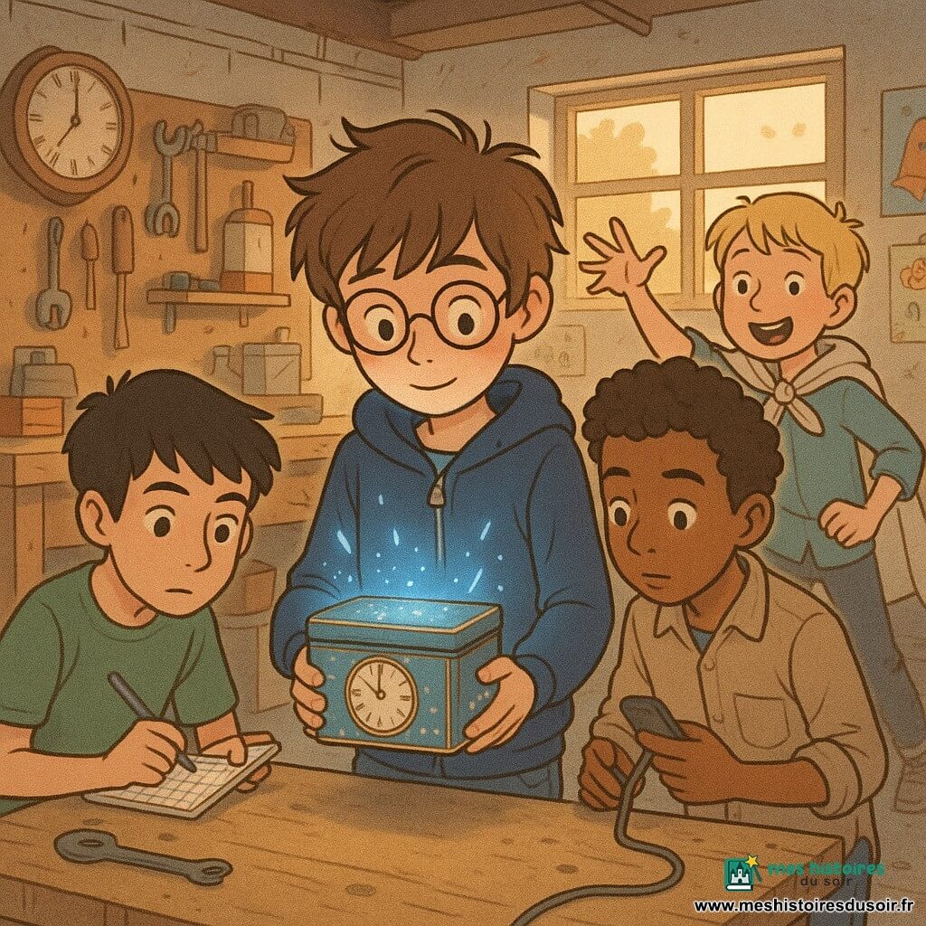 Quatre garçons dans un garage transformé en atelier lumineux et un peu en désordre : Malo (≈11 ans) au centre-front, cheveux châtains en bataille, lunettes rondes, veste à capuche bleu marine, tient une petite boîte à biscuits métallique décorée d’une vieille horloge ; Noé (≈12 ans) accroupi à gauche, cheveux noirs courts, t-shirt vert, carnet à carreaux et stylo, regarde la boîte avec concentration ; Samir (≈12 ans) à droite, peau brune, cheveux bouclés courts, chemise manches retroussées, observe un petit écran ou un câble avec prudence ; Léo (≈11 ans) légèrement en arrière à droite, cheveux blonds, cape improvisée, sourire malicieux, prêt à agir. La boîte posée sur un établi poussiéreux émet une lueur bleuâtre, petits éclats lumineux et légère distorsion d’air suggérant l’ouverture d’une fenêtre temporelle ; arrière-plan : établi en bois, outils accrochés, étagères à bocaux, horloge ancienne, fenêtre laissant une lumière chaude de fin d’après-midi et quelques posters enfantins ; ambiance chaleureuse, expressions mêlant émerveillement et prudence, couleurs tendres et contrastes doux, style bande dessinée détaillée.