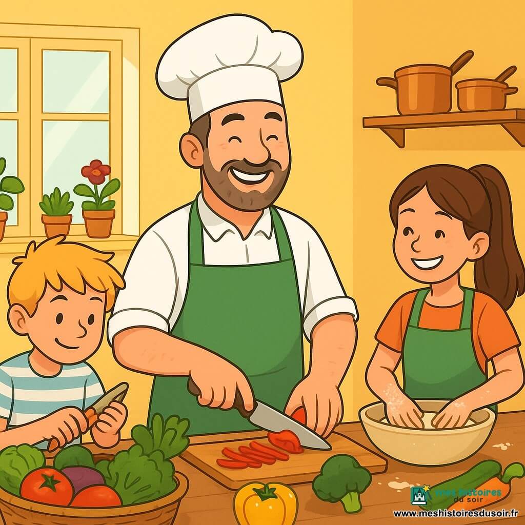 Chef Malo, un homme souriant d'une quarantaine d'années avec une toque blanche et un tablier vert, coupe des légumes colorés sur un plan de travail en bois, entouré de pots d'herbes aromatiques. À ses côtés, Léa, une jeune fille de 12 ans aux mains couvertes de farine, prépare une pâte à tarte, tandis qu'Hugo, un garçon de 10 ans, épluche des carottes. La scène se déroule dans une cuisine lumineuse aux murs jaune pastel, décorée de pots de fleurs et de casseroles en cuivre. L'ambiance est joyeuse et animée, avec une équipe de chefs préparant un grand dîner bio.