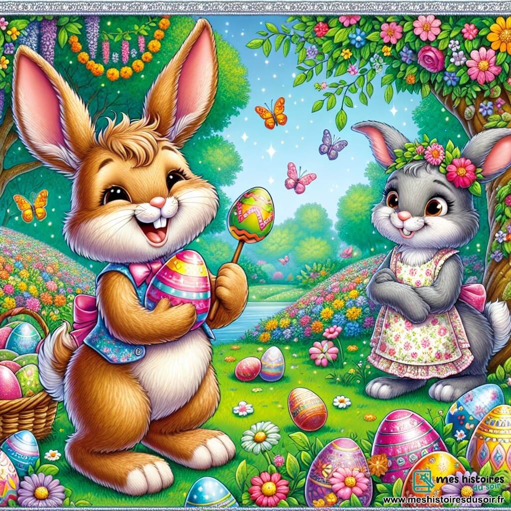 Au centre de l'image, Noisette, un lapin aux grandes oreilles, est joyeux et souriant, tenant un œuf coloré entouré de fleurs et de papillons. À sa droite, sa tante Marguerite, une lapine grise avec un tablier fleuri, le regarde avec fierté tout en tenant une baguette en bois. Le décor est un parc fleuri de la forêt de Champfleuri, avec des arbres majestueux sous un ciel bleu clair, des guirlandes de fleurs et des œufs peints cachés. La scène représente Noisette et Marguerite préparant la chasse aux œufs de Pâques, pleine de magie et de joie.