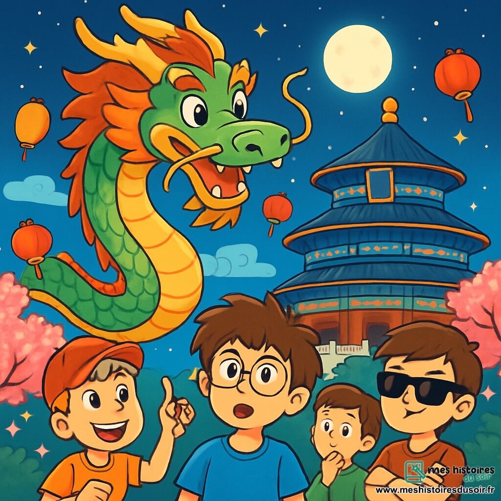 Quatre enfants se tiennent devant un dragon céleste au Temple du Ciel à Pékin. Arthur, 10 ans, avec des cheveux bruns et des lunettes rondes, est au centre, émerveillé. Lucas, également 10 ans, avec des cheveux blonds et une casquette rouge, est à gauche, souriant et pointant le dragon. Hugo, 10 ans, avec des cheveux noirs et des lunettes de soleil, est à droite, les bras croisés et déterminé. Maxime, avec des cheveux châtains et un pull vert, est légèrement en arrière, pensif. Le temple, ancien et orné, est illuminé par la lune pleine et des cerisiers en fleurs, créant une ambiance magique. Les enfants sont captivés par le dragon aux écailles brillantes, prêts à résoudre sa devinette dans une atmosphère d'aventure.