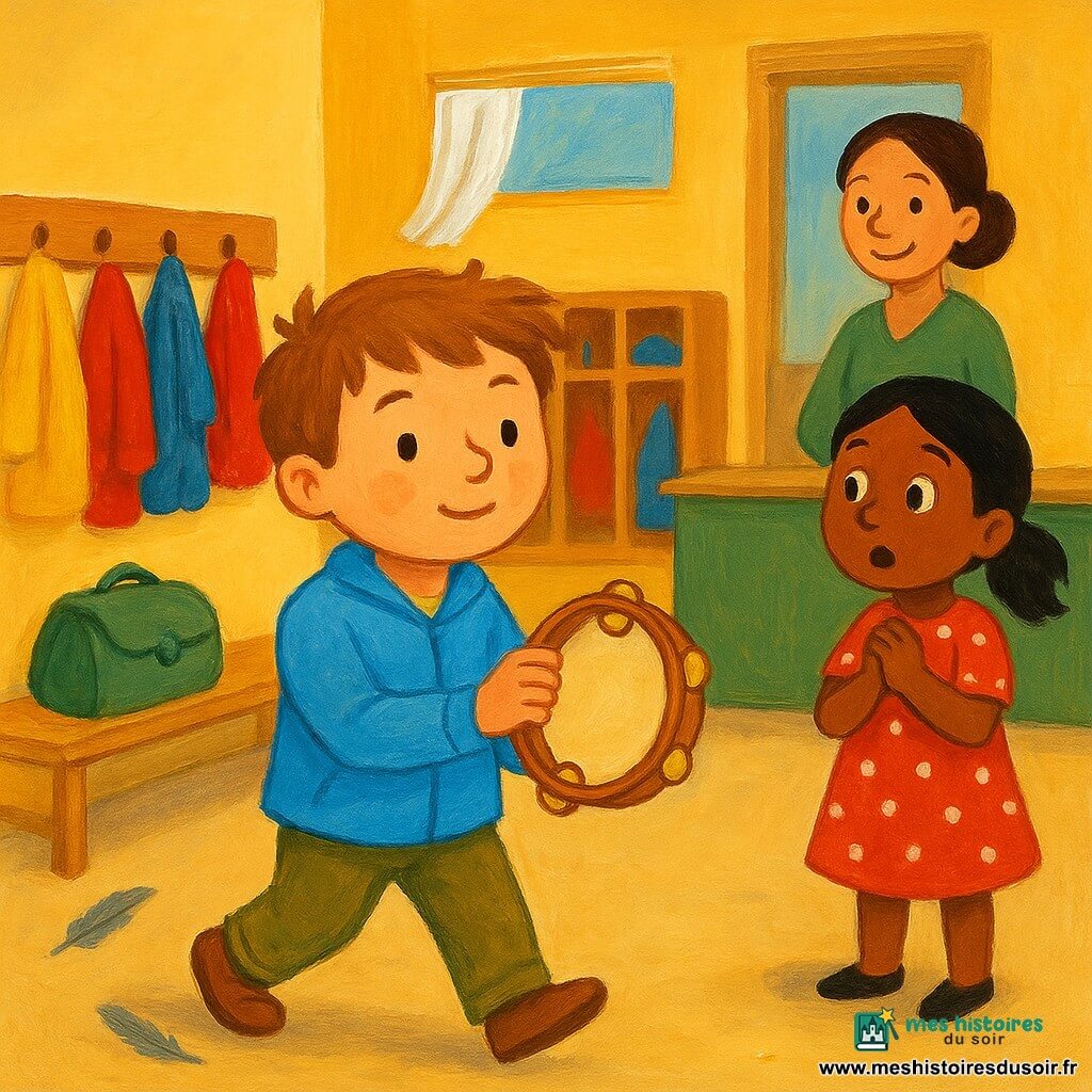 Léo, 6 ans, visage rond, cheveux châtain clair en bataille, porte une veste bleue claire et un pantalon kaki; il sort du vestiaire en tenant délicatement un petit tambourin rond aux grelots dorés qui tinte. Mila, aussi 6 ans, cheveux noirs en couette et robe rouge à pois blancs, regarde, surprise et soulagée, mains jointes contre la poitrine près d’un casier. La maîtresse, femme d’environ 35 ans aux cheveux attachés, en jupe verte, sourit derrière le bureau. Le vestiaire montre un banc en bois clair, des manteaux colorés accrochés, des casiers bas, un sac de sport vert légèrement ouvert, une petite fenêtre haute entrouverte avec un rideau blanc qui ondule et crée un courant d’air faisant bouger un manteau bleu; une paillette dorée brille au sol près d’un pas et deux plumes grises sont au sol. Ambiance lumineuse douce, couleurs chaudes et contrastes nets, style peinture acrylique enfantine, traits simples et expressifs.