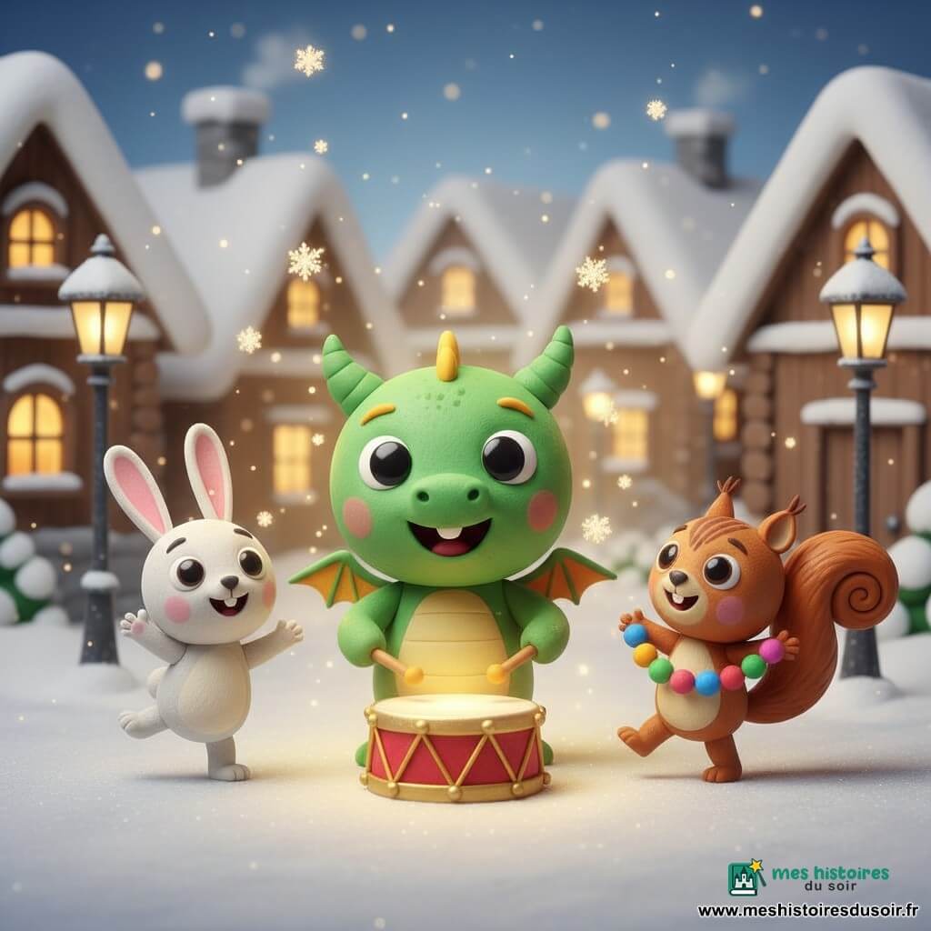 Petit dragon vert en pâte à modeler, rond et mignon, frappe doucement un tambour rouge et doré d'où jaillit une douce lumière dorée ; à gauche, un petit lapin blanc aux longues oreilles saute et applaudit, à droite un petit écureuil roux à la queue touffue danse en tenant une guirlande ; en arrière-plan, village enneigé aux maisons en bois et toits blancs, neige scintillante, ambiance chaleureuse et festive de Noël.