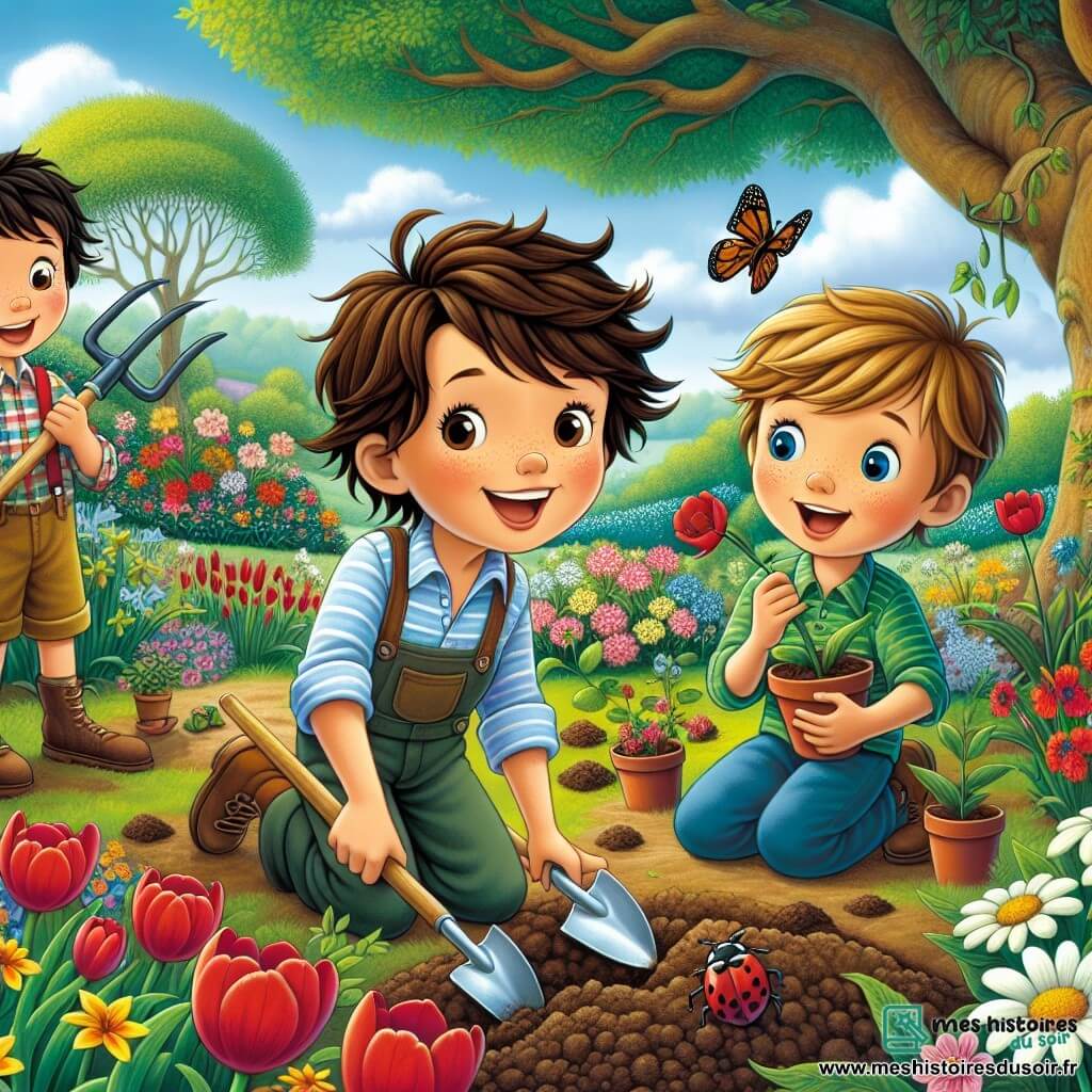 Au centre de l'image, Max, un garçon de douze ans avec des cheveux bruns en bataille et un sourire éclatant, tient une pelle et un pot de fleurs. À sa droite, Lucas, également âgé de douze ans, s'accroupit pour planter une graine. À gauche, Tom, avec des cheveux châtains et des lunettes rondes, observe une coccinelle. Leur jardin, rempli de fleurs colorées, est animé par un vieux chêne et des papillons. Le ciel est bleu avec quelques nuages. Les trois amis plantent des fleurs ensemble, partageant rires et histoires, illustrant la joie de l'amitié au printemps.
