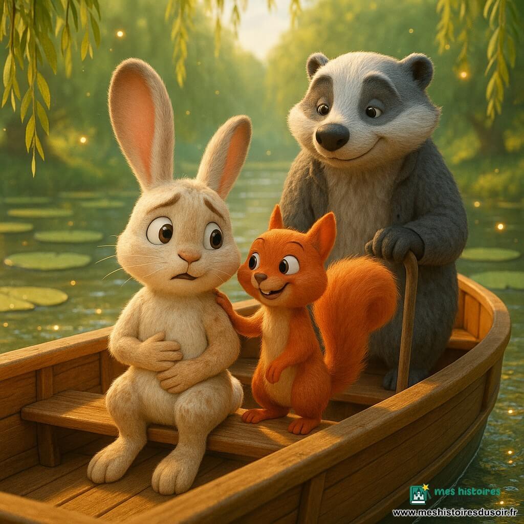 Léo le lapin, jeune aux grandes oreilles et pelage crème tacheté de beige, yeux ronds, assis sur le pont en bois du bateau-bus, mains sur le ventre, expression à la fois inquiète et soulagée ; Noisette l'écureuil roux, queue touffue, debout à côté de lui, une patte sur son épaule, sourire rassurant ; Grisou le blaireau âgé, pelage gris et noir, appuyé sur une canne, posture sage et bienveillante en retrait. Scène sur un bateau-bus en bois vernissé flottant sur une rivière miroitante entourée de nénuphars géants, saules aux branches tombantes et lucioles dorées, lumière douce de fin de matinée aux tons verts et dorés, reflets chatoyants. Situation : Léo apprend à calmer son anxiété en répétant une phrase rassurante ; décor chaleureux et sûr, composition centrée sur les trois personnages, atmosphère tendre et apaisante, textures visibles (poils, bois, eau scintillante).