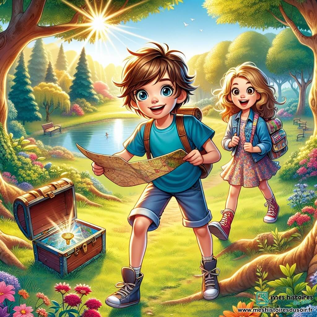 Un garçon de 11 ans, Hugo, se tient au centre de l'image, avec des cheveux châtains en bataille et des yeux curieux. Il porte un t-shirt bleu, un short en toile et des baskets usées, tenant une carte ancienne avec excitation. À ses côtés, sa voisine Léa, 10 ans, aux cheveux bouclés dorés, sourit, vêtue d'une robe à fleurs et d'un sac à dos coloré, prête pour l'aventure. La scène se déroule dans un parc verdoyant, sous la lumière dorée du matin, entouré d'arbres majestueux et de fleurs multicolores. Hugo et Léa découvrent une boîte mystérieuse sous un vieux cerisier, leurs visages illuminés par la joie de l'aventure.