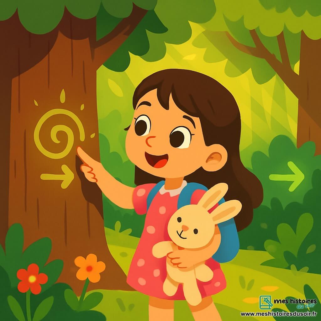 Une petite fille de 4 ans, avec de longs cheveux bruns et des yeux curieux, se tient devant un grand arbre. Elle porte une robe rose à pois blancs et un petit sac à dos bleu. Son visage rayonne de joie alors qu'elle touche un symbole magique sur l'écorce de l'arbre. À ses côtés, son doudou, un lapin en peluche aux grandes oreilles, est serré dans ses bras. La scène se déroule dans une forêt enchantée, avec des arbres majestueux, des fleurs colorées et des rayons de soleil filtrant à travers les branches. La petite fille découvre un symbole mystérieux sur l'arbre et s'apprête à suivre une flèche verte brillante indiquant un chemin secret, pleine d'enthousiasme pour l'aventure.