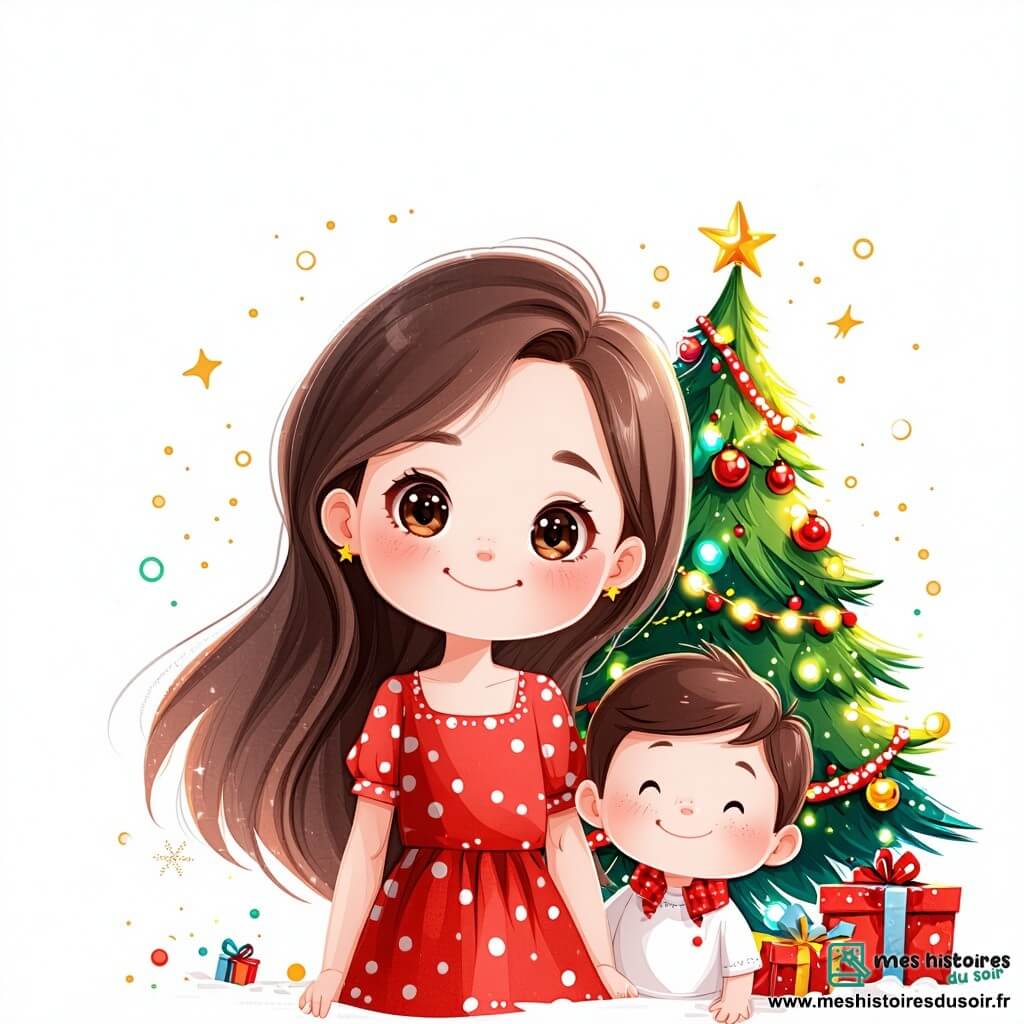 Célestine, une petite fille de 5 ans aux longs cheveux bruns et aux yeux pétillants, se tient devant un sapin de Noël décoré. Elle porte une robe rouge à pois blancs et sourit joyeusement. À ses côtés, son frère Léo, 3 ans, aux joues rondes et cheveux blonds en bataille, admire le sapin en tenant un biscuit en forme d'étoile. La scène se déroule dans un salon chaleureux aux murs bleu ciel, avec des guirlandes scintillantes et un tapis moelleux. Célestine et Léo chantent des chansons de Noël, entourés de biscuits et de cartes de vœux, tandis qu'une douce neige tombe à l'extérieur.