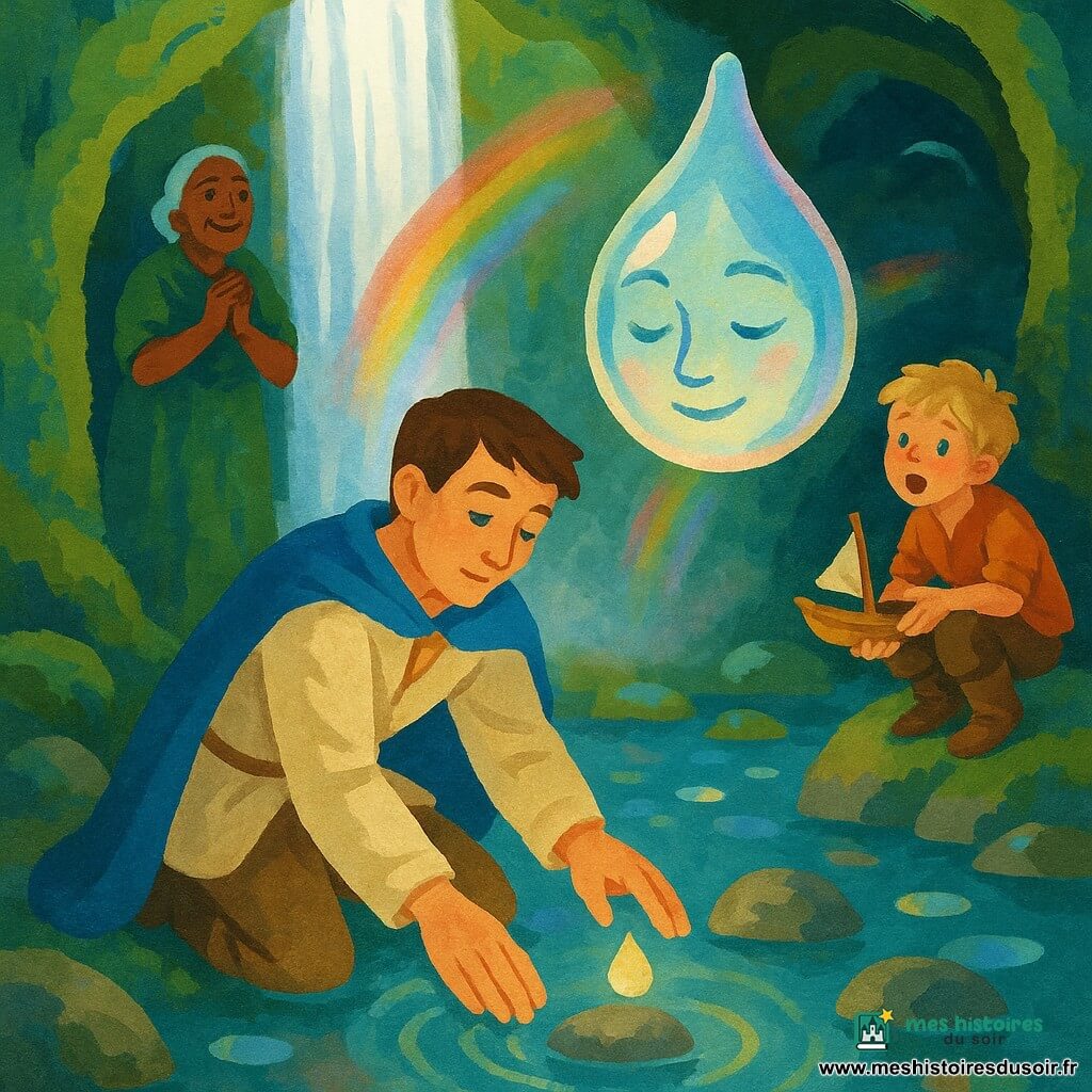 Éloi, jeune homme serein aux yeux bleu clair et veste en lin crème, plonge les mains dans un bassin pour déposer une petite goutte lumineuse sur une pierre, tandis que la Goutte‑Mère, gros éclat translucide aux reflets d'arc‑en‑ciel et visage de lumière, flotte au‑dessus de l'eau; une vieille femme ridée en robe verte, mains jointes, et un garçon aux cheveux blonds tenant un petit bateau en bois regardent émerveillés depuis l'entrée de la grotte au pied d'une grande cascade, murs couverts de mousse, pierres luisantes, fines nappes de vapeur et arcs‑en‑ciel suspendus; la goutte apaise la source, les cercles lumineux calment le bassin, dispersent une brume colorée et rendent clarté et joie à la grotte.