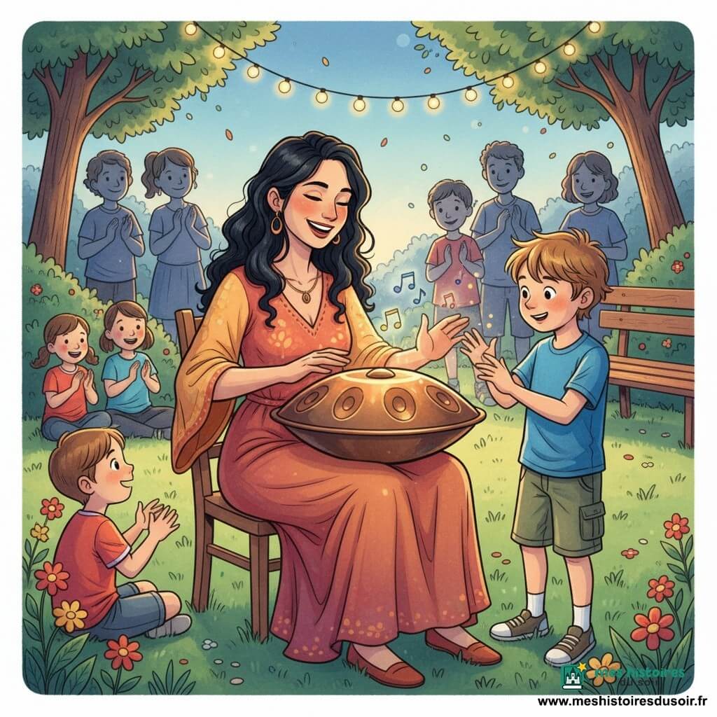 Une musicienne souriante aux longs cheveux noirs bouclés, en robe fluide ocre et rouge, assise sur une petite chaise en bois, joue d’un hang drum bronze posé sur ses genoux; un garçon d’environ 9 ans, cheveux châtain clair en bataille, le regard émerveillé, debout à droite, mains prêtes à toucher l’instrument, en t‑shirt bleu et short kaki; en arrière‑plan des adultes et enfants attentifs et souriants, quelques enfants assis sur l’herbe à gauche applaudissent doucement; lieu : petit parc villageois au crépuscule avec pelouse, fleurs, arbres à feuilles douces, un banc en bois et une guirlande de lumières diffusant une lueur chaude; scène intime et chaleureuse d’apprentissage musical, la femme enseigne une mélodie au garçon, ambiance douce et magique, notes figurées par de petites ondes colorées autour du hang drum.