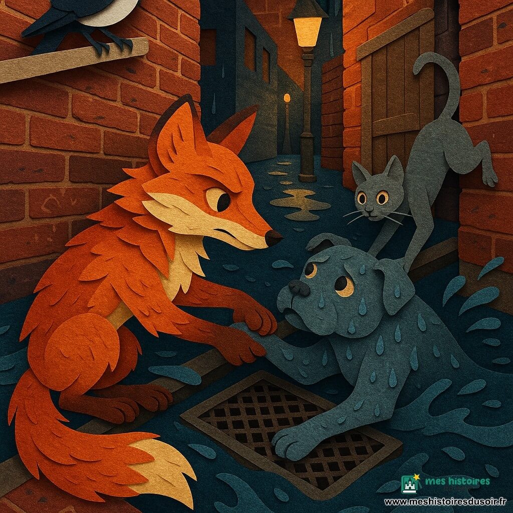 Renard roux (Silex) en papier orange/crème, allongé et tendant la patte pour tirer une chatte grise (Mouche) agile et surprise-soulagée, aide aussi un chien musclé gris-bleu (Brume) à grimper sur une grille ouverte ; pie perchée au-dessus, ruelle étroite de nuit aux murs de briques texturées, eau montante en vagues bleu foncé, flaques réfléchissantes et lampadaires, planche sur la porte métallique et craie gravée au premier plan, composition diagonale aux contrastes chaud/froid, textures découpées et éclaboussures stylisées.