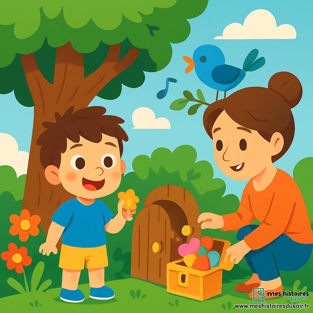 Un garçon de 4 ans, avec des cheveux bruns en désordre et des yeux curieux, se tient sous un grand arbre. Il sourit et ses joues sont roses d'excitation. Il porte un t-shirt bleu et un short jaune, tenant un caillou en forme d'étoile. Sa maman, une femme d'une trentaine d'années avec des cheveux châtains en chignon, sourit en l'aidant à ouvrir une petite porte en bois cachée. Le jardin est verdoyant avec des fleurs colorées et un ciel bleu. Le garçon découvre une boîte brillante remplie de cœurs en papier coloré, tandis qu'un oiseau bleu chante sur une branche, ajoutant une touche de magie à cette scène d'aventure.