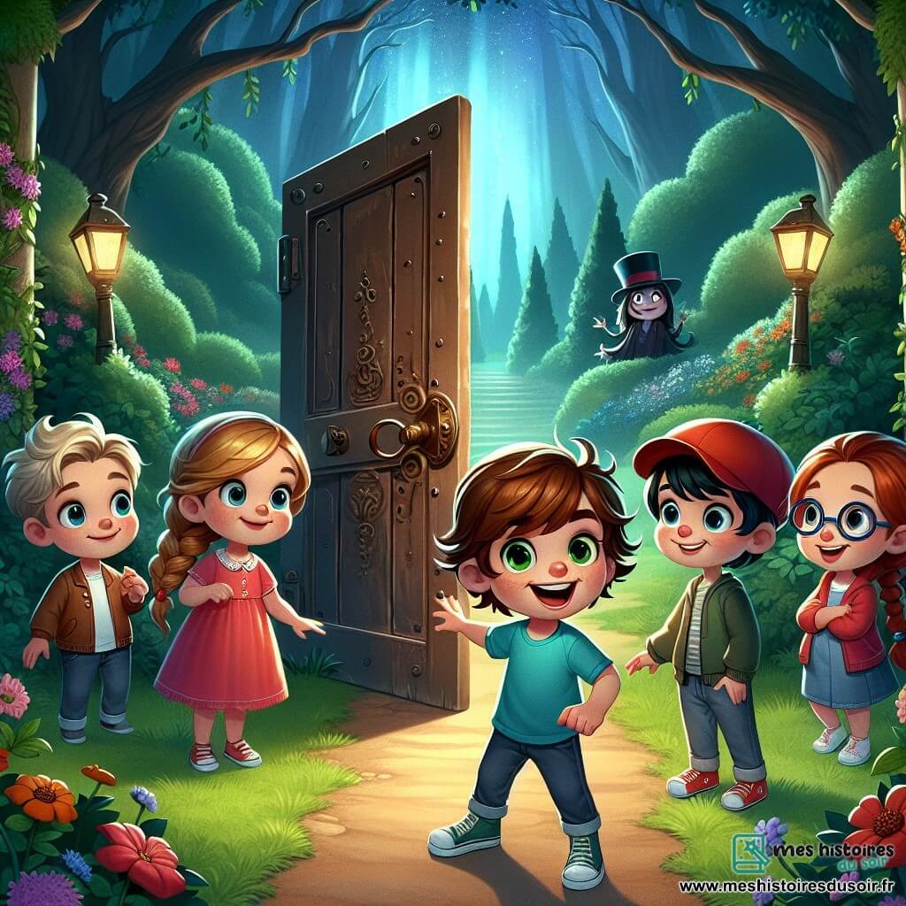 Max, un garçon de neuf ans aux cheveux bruns en bataille et t-shirt bleu, se tient devant une vieille porte rouillée, les yeux brillants d'excitation. À sa gauche, Clara, avec des cheveux blonds tressés et une robe rose, observe la porte avec curiosité. À droite, Léo, aux cheveux noirs et casquette rouge, sourit en la pointant, prêt à l'ouvrir. Emma, avec des cheveux châtains et des lunettes, se tient en arrière, les bras croisés, hésitante. Le parc verdoyant, rempli d'arbres et de fleurs, dégage une lumière mystérieuse de la porte, créant une atmosphère d'aventure. Les enfants, réunis autour de la porte, sont prêts à l'ouvrir ensemble, impatients de découvrir un monde inconnu.