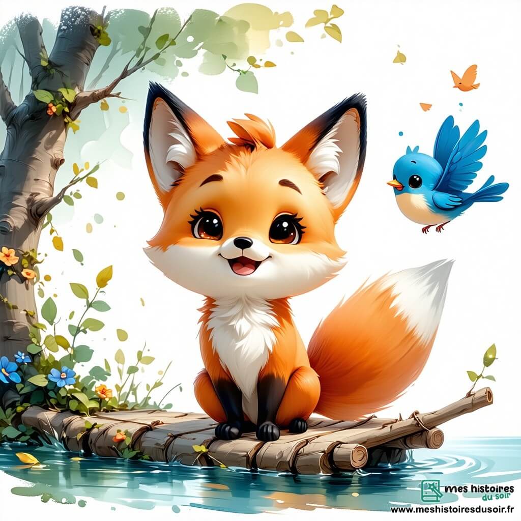 Au centre de l'image, un petit renard orange vif, nommé Renardou, se tient sur un radeau de branches flottantes, souriant d'excitation. À ses côtés, un petit oiseau bleu, nommé Petit Oiseau, vole joyeusement en chantant. En arrière-plan, un lac scintillant, bordé de nénuphars aux fleurs blanches et jaunes, reflète un ciel bleu avec des nuages. Des arbres majestueux entourent la scène. Renardou et Petit Oiseau naviguent ensemble sur le radeau, prêts à aider une petite grenouille verte perchée sur un nénuphar, qui les regarde avec espoir alors qu'ils s'apprêtent à traverser le lac pour rejoindre sa famille.