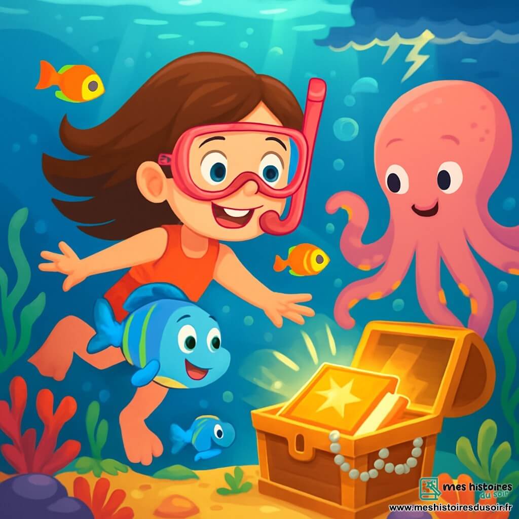 Une fille de 8 ans, avec de longs cheveux bruns flottants dans l'eau, porte un masque de plongée rose et un tuba. Elle sourit avec émerveillement, nageant entourée de poissons multicolores. À ses côtés, un petit poisson bleu à rayures jaunes, nommé Lino, s'approche d'elle avec curiosité. Plus loin, une pieuvre géante et amicale, Maître Octave, les observe, prête à les guider. Le fond marin est rempli de coraux vibrants et de rayons de lumière. Zoé et ses amis découvrent un coffre ancien décoré de perles, révélant un livre magique brillant, tandis qu'une tempête éclate au loin, ajoutant une touche d'aventure à leur exploration.