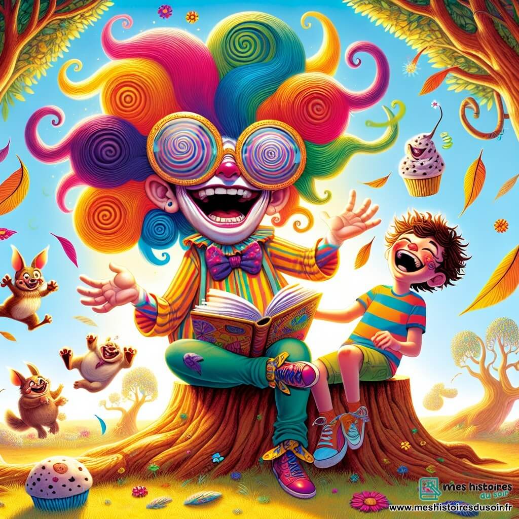 Un géant joyeux aux cheveux multicolores et portant des lunettes de soleil géantes est assis sur un tronc d'arbre, souriant et riant, entouré de plumes. À ses côtés, Félix, un garçon de dix ans avec des cheveux bruns en bataille, tient un livre de blagues et rit aux éclats. Oscar, un chien en peluche, est assis à ses pieds, excité. La scène se déroule dans une clairière ensoleillée, entourée d'arbres tordus et de fleurs colorées, avec des créatures amusantes ajoutant de la magie. Le géant et Félix partagent un moment de joie en préparant le festival des farces.