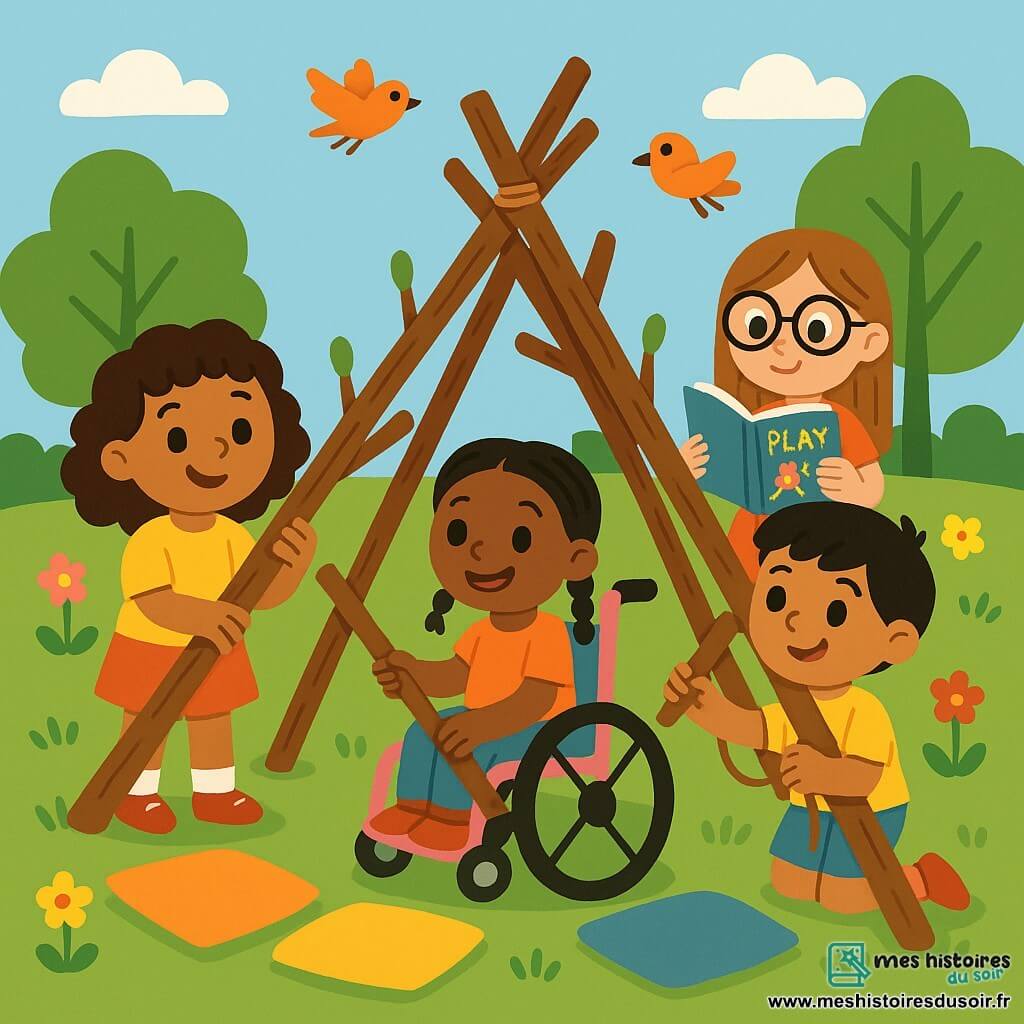 Quatre enfants sont présents : Léa, une fille de 8 ans aux boucles brunes, se tient à gauche avec une branche ; Emma, 9 ans, porte de grandes lunettes et lit un livre à droite de Léa ; Maya, 7 ans avec la peau caramel et des cheveux tressés, est assise dans un fauteuil roulant rose au centre, souriante avec une branche ; Samir, 8 ans aux cheveux noirs, se trouve à droite de Maya, attachant une branche à la cabane. L'action se déroule dans un parc ensoleillé avec des fleurs et des arbres, où ils construisent une cabane en branches, symbolisant l'amitié et la tolérance.