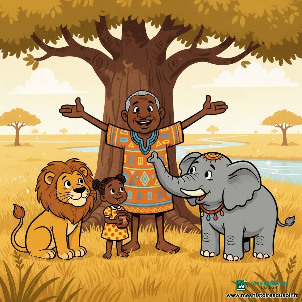 Kofi, homme au visage rond, peau chaude et cheveux courts grisés, sourit doucement et porte une tunique orange et bleue ; il se tient devant un grand baobab, les bras ouverts pour apaiser un lion doré et un éléphant gris perle décoré de rubans, la fillette d'environ 5 ans à sa gauche, en robe jaune à pois rouges et tenant une petite calebasse, sourit en témoin ; clairière de savane aux herbes ondulantes, rivière étincelante et ciel pâle, atmosphère sereine de réconciliation.