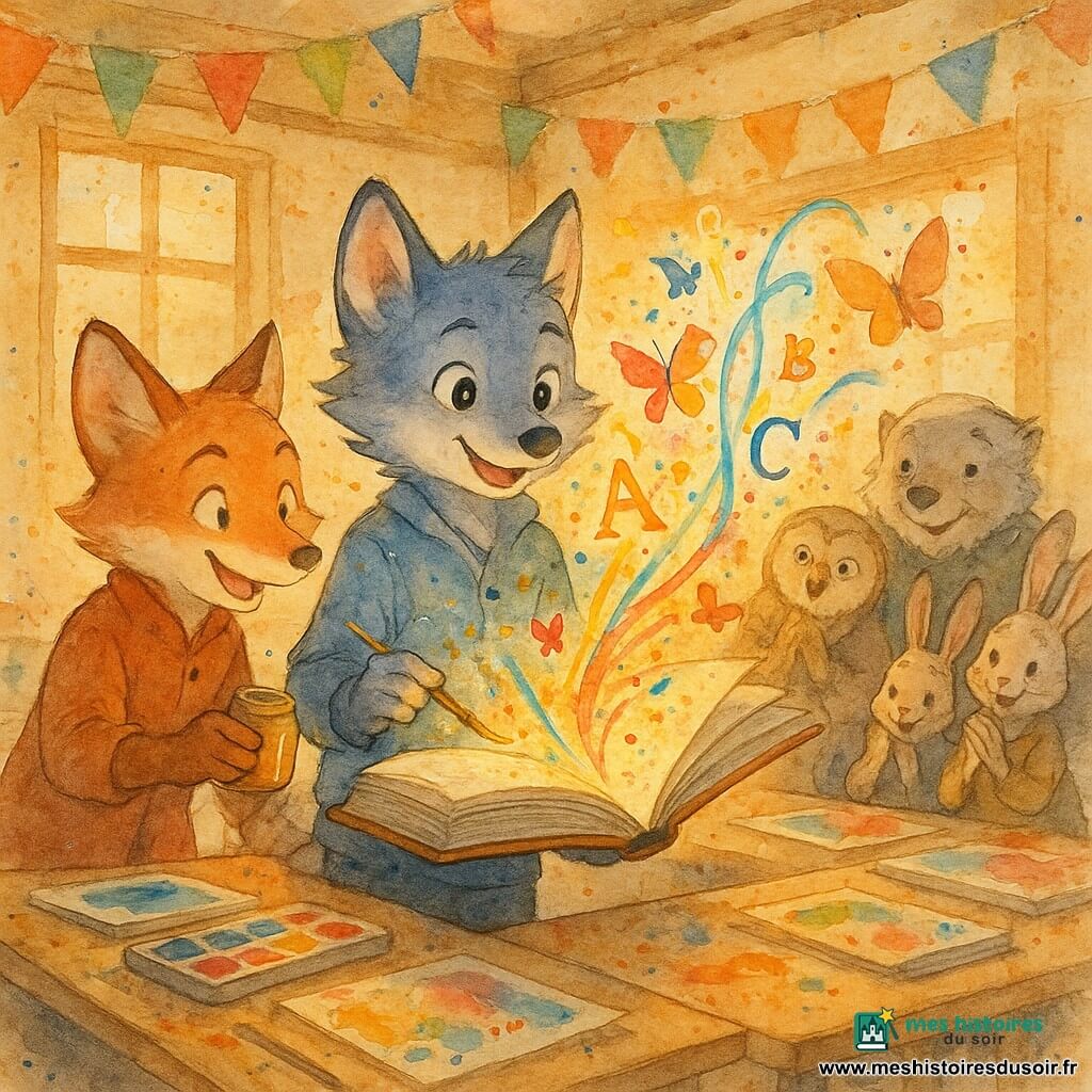 Un jeune loup anthropomorphe, Léo, au centre, pelage gris aux reflets bleus, visage émerveillé et fier, tient un grand livre ouvert d'où s'envolent des lettres colorées devenant papillons et rubans lumineux ; à gauche Noa, renard jeune au sourire complice, fourrure rousse avec taches blanches, penché vers Léo en tenant un pot d'encre dorée pour ajouter des éclats sur les pages ; à droite des villageois animaux — un vieux blaireau, une chouette et deux lapins en vêtements simples —, étonnés et ravis, se penchent autour d'une table en applaudissant doucement ; la scène se déroule dans une salle communautaire en bois clair aux grandes fenêtres baignées de lumière dorée, guirlandes de papier au plafond et tables couvertes de livres et d'aquarelles tachées, tandis que, après la tempête, les pages mouillées du livre se transforment en nouvelles couleurs dans une atmosphère chaleureuse, ponctuée d'une explosion de lettres colorées et d'éclaboussures aquarelle maîtrisées autour des personnages.