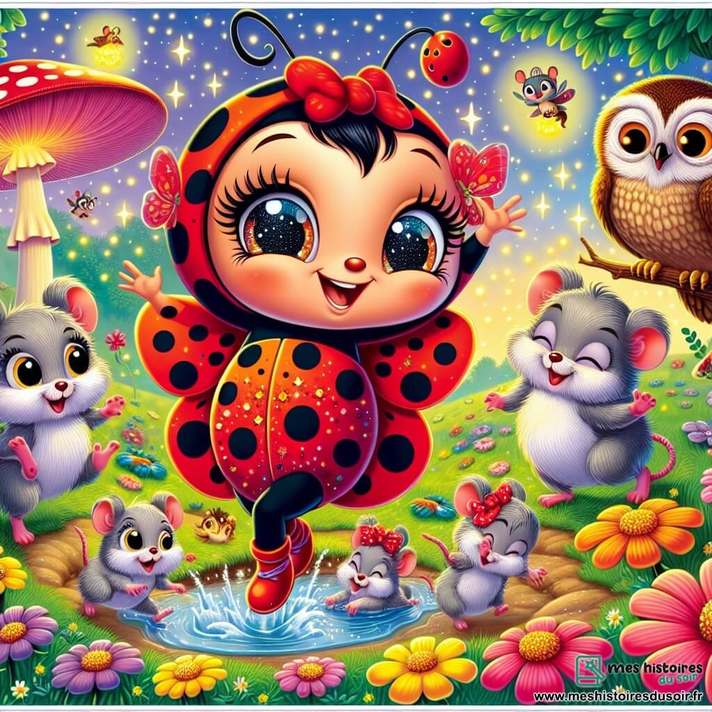 Une petite coccinelle nommée Lila danse joyeusement dans un champ coloré, entourée de fleurs multicolores. À ses côtés, un hibou sage nommé Monsieur Hoot observe amusé, perché sur une branche. Des souris espiègles sautent autour d'elle, éclaboussant de l'eau. Le champ enchanté est baigné de lumière dorée, avec un champignon magique au centre, entouré d'animaux dansants. Lila et ses amis célèbrent leur amitié et leurs aventures sous un ciel étoilé.