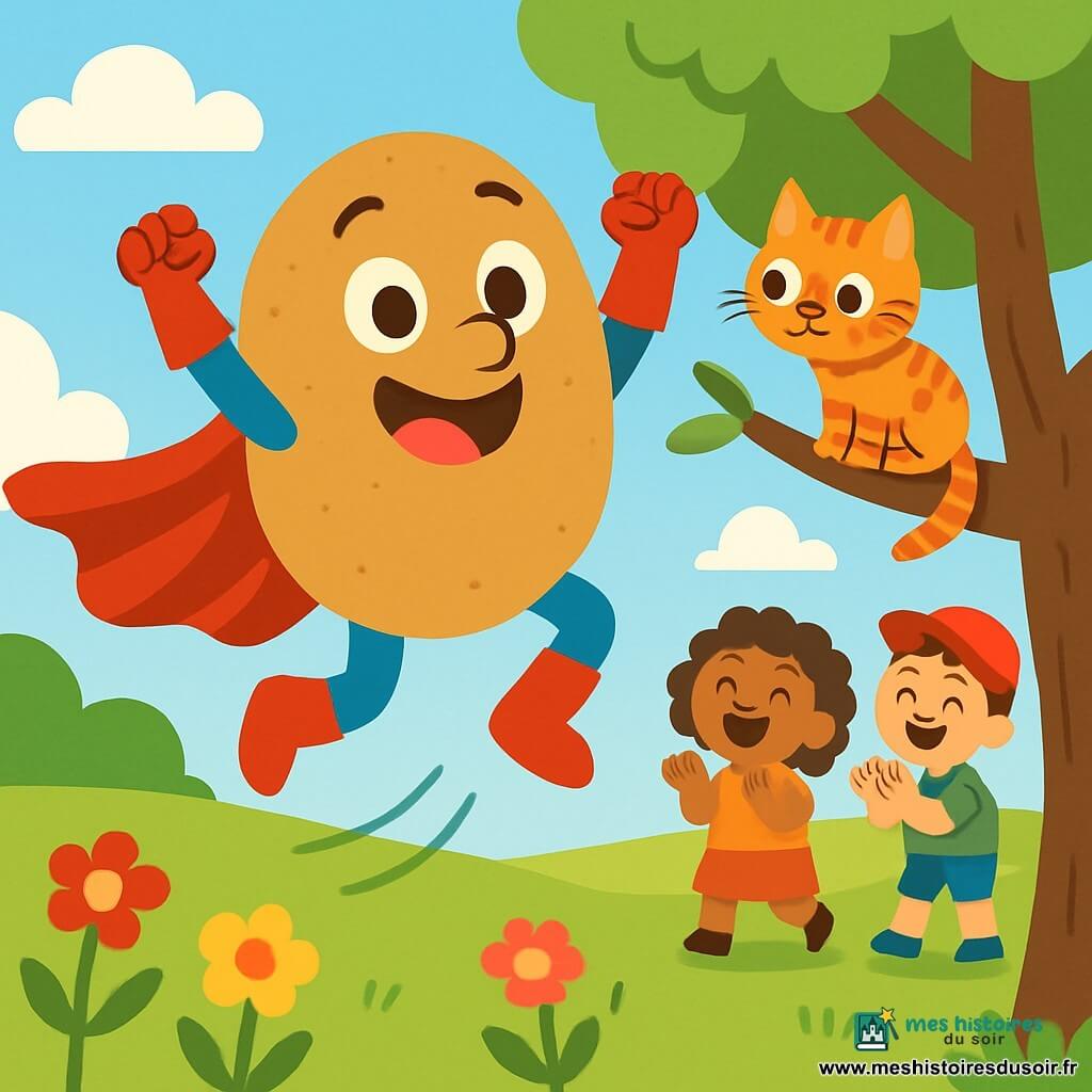 Super Patate, un homme souriant aux joues roses, porte une cape rouge qui flotte derrière lui. Il saute avec enthousiasme, les bras levés, montrant sa détermination comique. À ses côtés, un petit chat tigré, aux yeux ronds, est perché sur une branche, regardant Super Patate avec curiosité. En arrière-plan, un groupe d'enfants, dont une fille aux cheveux bouclés et un garçon avec une casquette, riant et applaudissant, admire les aventures de Super Patate. Le parc ensoleillé est rempli de fleurs colorées et d'un grand arbre au tronc épais. Super Patate saute pour sauver le petit chat coincé dans l'arbre, tandis que les enfants encouragent leur héros.