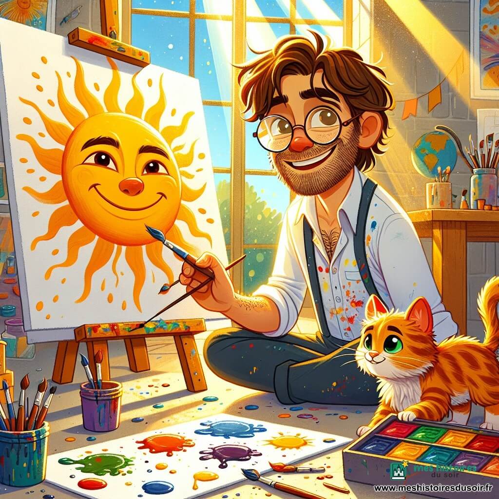 Arthur, au centre de l'image, a des cheveux bruns en bataille et des lunettes rondes qui lui donnent un air rêveur. Il sourit joyeusement, avec des taches de peinture sur sa chemise blanche, tout en peignant un grand soleil souriant sur un papier épais, entouré de pinceaux colorés. À ses côtés, son chat Biscotte, un petit félin aux poils roux et aux yeux verts, observe le tableau en se frottant contre sa jambe. L'atelier lumineux est rempli de pots de peinture, de pinceaux en désordre et de toiles aux murs, avec la lumière du matin filtrant à travers les fenêtres. Arthur crée un magnifique tableau, tandis que Biscotte joue avec un pinceau tombé au sol.