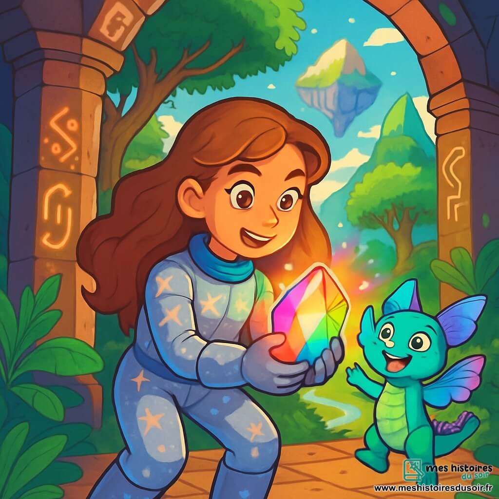Lila, une jeune femme intrépide aux cheveux longs et ondulés, rayonne d'excitation et de détermination dans sa combinaison spatiale argentée ornée de motifs étoilés. Elle tient un cristal lumineux qui irradie des couleurs vives. À ses côtés, Nibb, un petit être aux écailles irisées et aux yeux pétillants, saute de joie, ses ailes translucides scintillant. Ils se trouvent dans un ancien temple majestueux aux murs couverts de runes lumineuses, entouré d'une jungle luxuriante. Lila se concentre sur le cristal, prête à rétablir l'harmonie de la planète Elaria, tandis que Nibb l'encourage avec enthousiasme, dans une ambiance magique et colorée.
