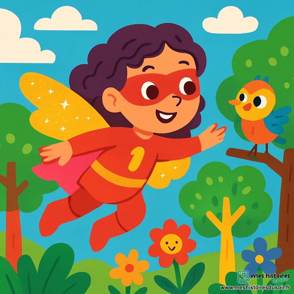 Lila, une super-héroïne aux ailes scintillantes, vole joyeusement dans le ciel. Elle a de longs cheveux bouclés et un sourire éclatant. À ses côtés, un petit oiseau coloré, curieux et nerveux, essaie de voler depuis une branche. Le décor est une forêt magique avec des arbres multicolores et des fleurs dansantes, sous un ciel bleu parsemé de nuages. Lila aide le petit oiseau à prendre son envol, créant une scène de joie et d'amitié, mêlant magie de la nature et aventure.