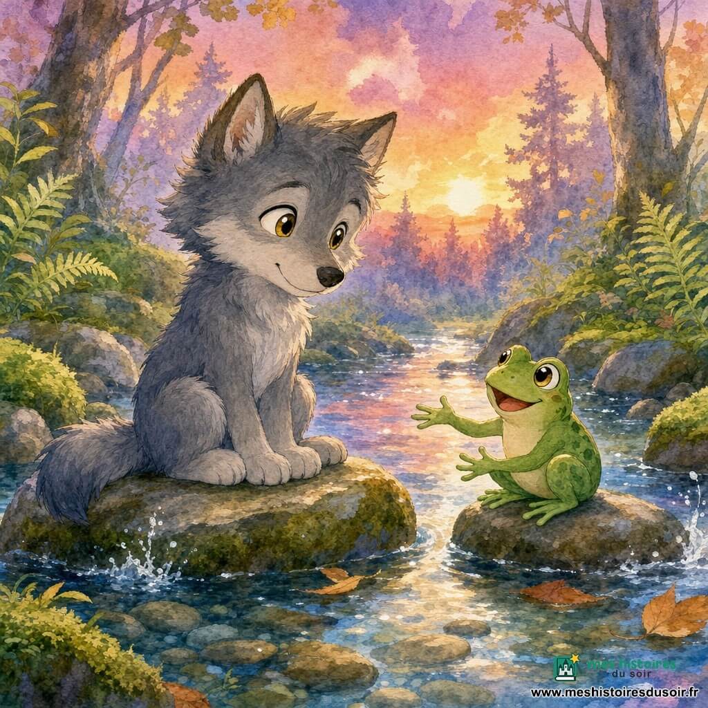 Lino, petit loup anthropomorphe au pelage gris et aux yeux noisette, assis sur une pierre au bord d’un ruisseau clair, écoute avec curiosité une grenouille verte souriante perchée sur une pierre voisine; berges couvertes de mousse et fougères, reflets argentés et cailloux visibles sous l’eau, lumière douce du coucher de soleil aux teintes violettes et roses, style aquarelle aux contours fins et textures de papier, ambiance calme et tendre de partage entre amis.
