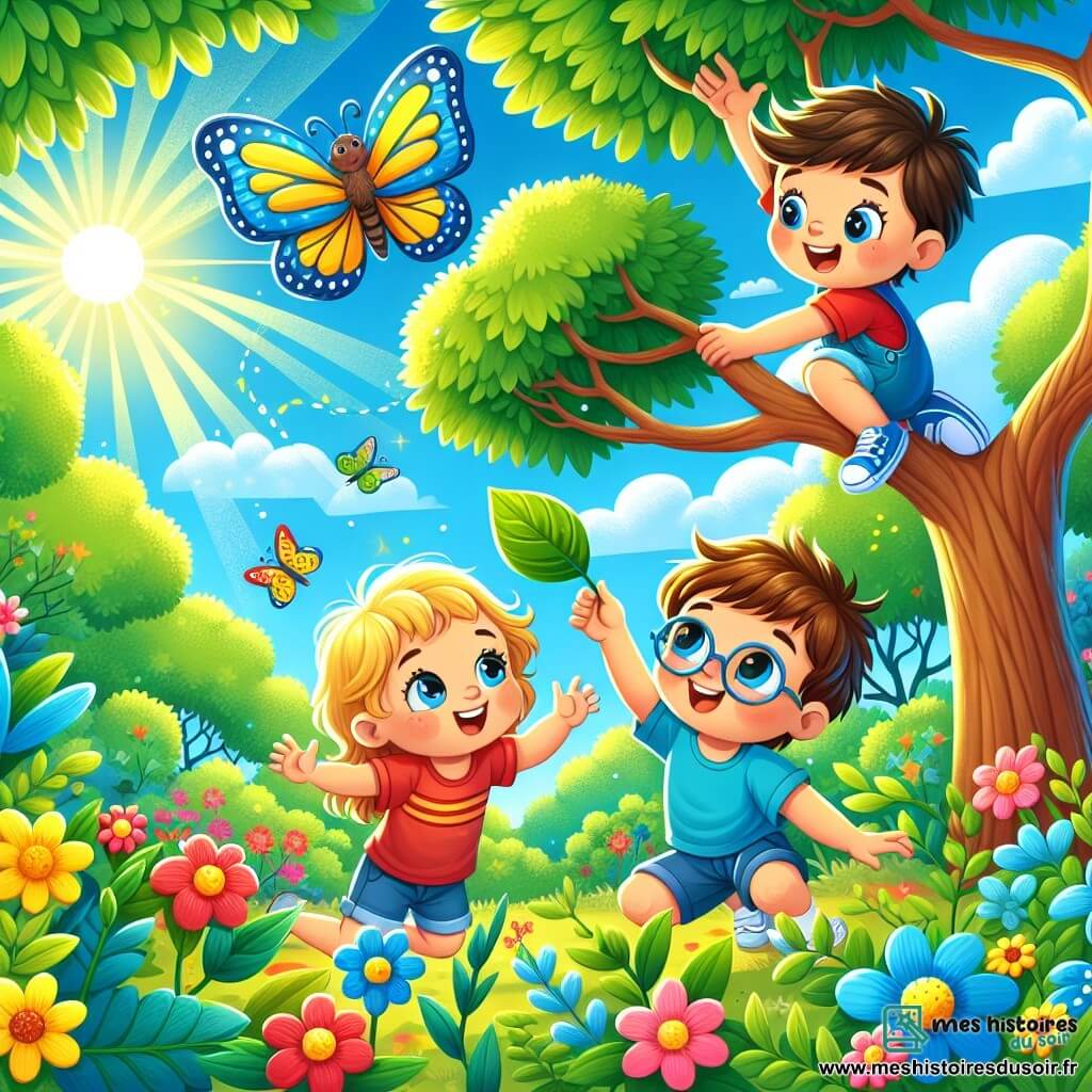 Dans un jardin ensoleillé, trois petits aventuriers cherchent la balle rouge de Léo, un garçon de 7 ans aux cheveux bruns en bataille. Léo grimpe sur une branche d'arbre pour l'atteindre, tandis que Max, 6 ans avec des cheveux blonds et un short bleu, l'encourage en levant les bras. Tom, 7 ans avec des lunettes et des cheveux châtains, est assis sur l'herbe, observant un papillon qui vole autour d'eux. Le jardin est rempli de fleurs éclatantes et de grands arbres, créant une ambiance magique.