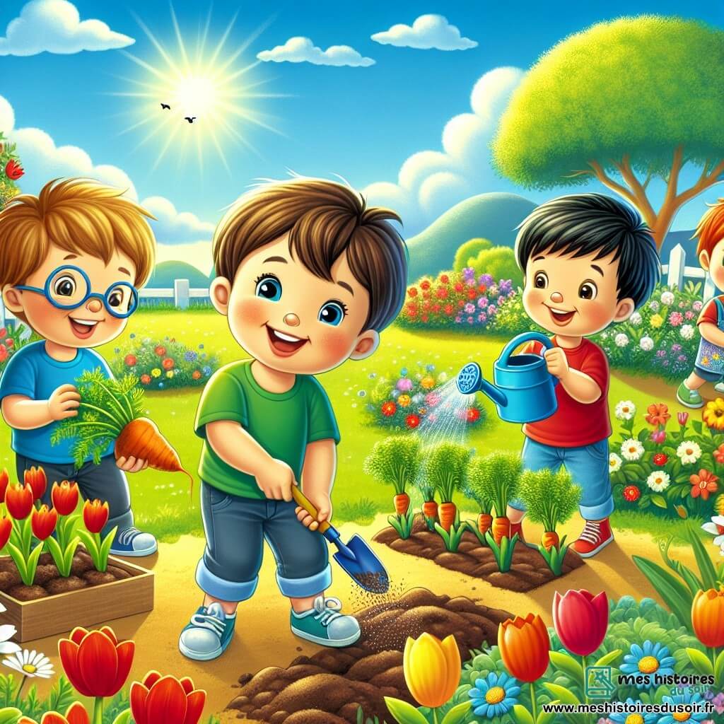 Dans un jardin ensoleillé, quatre garçons jardinent. Timéo, cinq ans, est accroupi au centre avec une petite pelle colorée. À sa droite, Lucas, également cinq ans, creuse un trou. À gauche, Noah sème des graines de carottes, tandis que Sam, avec une béquille, arrose les plantes. Le jardin est rempli de fleurs colorées et le ciel est bleu avec quelques nuages. Les garçons rient en découvrant la magie du printemps et la beauté de la nature.