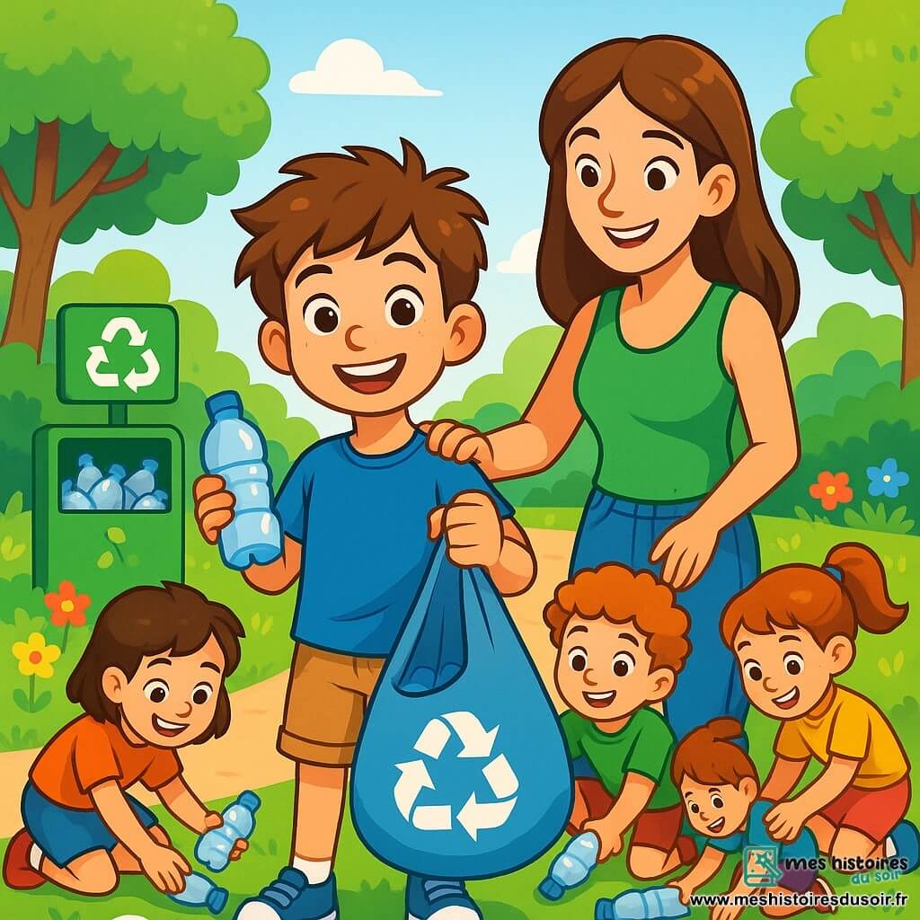 Un garçon de 8 ans, Max, avec des cheveux châtains en bataille et des yeux curieux, se tient au centre de l'image, souriant fièrement. Il porte un t-shirt bleu vif et un short beige, tenant une bouteille en plastique d'une main et un sac de recyclage de l'autre. À ses côtés, sa maman, une femme d'une trentaine d'années avec des cheveux longs et bruns, l'encourage, vêtue d'un débardeur vert et d'un jean. Le parc ensoleillé est bordé d'arbres et de fleurs colorées, avec un panneau de recyclage visible au fond. Max et ses amis, des enfants de 8 ans, ramassent des bouteilles en plastique avec détermination et joie, illustrant leur engagement pour la protection de la planète.