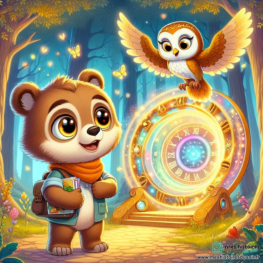 Au centre de l'image, un jeune ours brun nommé Oscar, avec un pelage doux et des yeux curieux, se tient devant une machine à voyager dans le temps. Il semble excité et un peu nerveux, tenant un sac de fruits et un carnet. À côté de lui, une chouette dorée, Hilda, flotte dans les airs, prête à l'aider. Le décor est une clairière enchantée, baignée de lumière dorée, entourée d'arbres majestueux et de fleurs colorées. La machine, un grand cercle brillant, émet des éclats de couleurs. Oscar s'apprête à entrer dans la machine, tandis qu'Hilda lui explique son fonctionnement, entourés d'un tourbillon de lumière magique, annonçant le début d'une aventure à travers le temps.