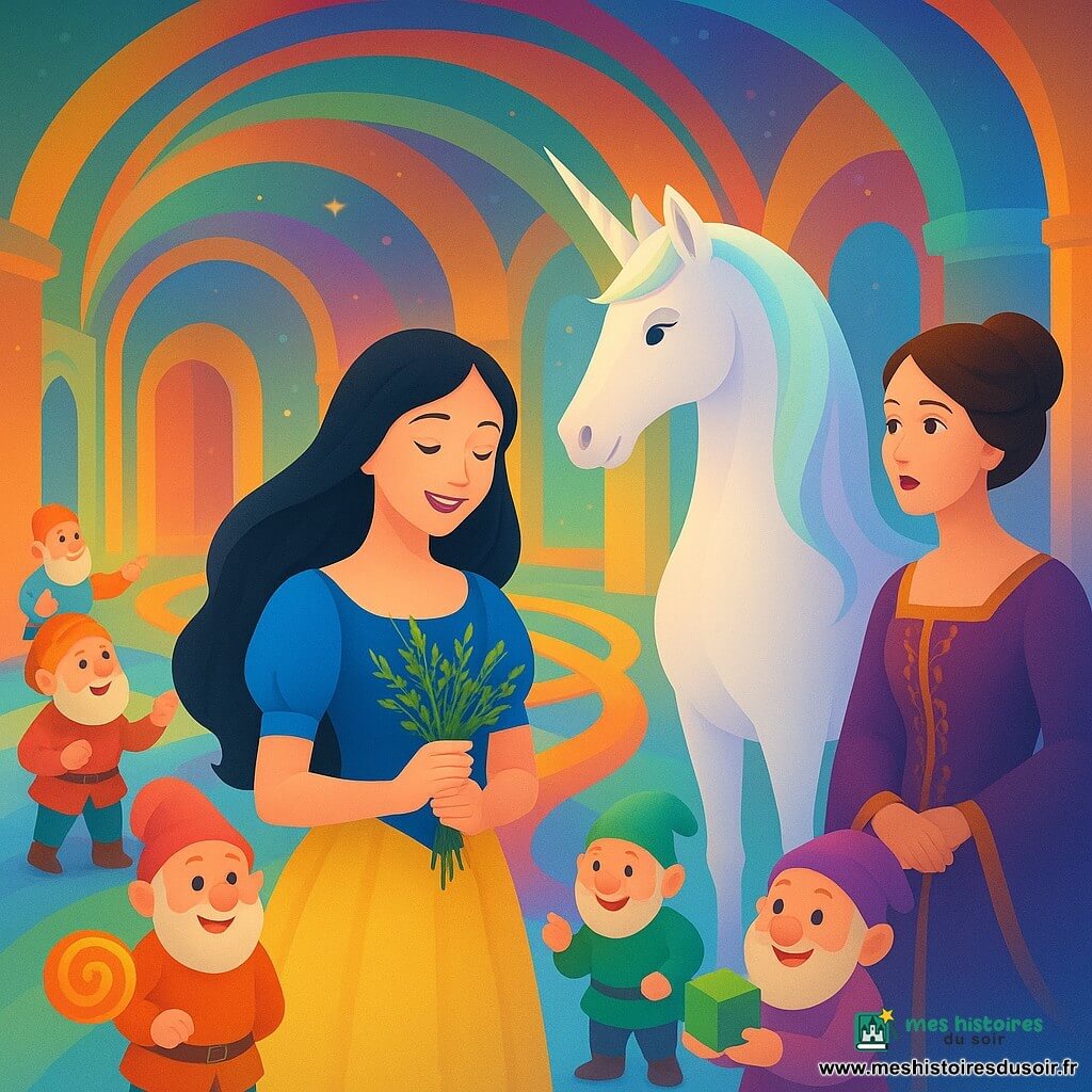 Blanche-Neige, une jeune fille aux longs cheveux noirs et à la peau claire, sourit doucement en tenant un bouquet d'herbes sauvages. Elle est au centre d'une salle lumineuse entourée de couleurs vives. À sa droite, une licorne blanche se tient majestueusement, sa corne scintillant. À sa gauche, la Reine, une femme d'âge moyen avec des cheveux bruns en chignon, regarde autour avec curiosité, sa robe pourpre ornée de motifs dorés. Les sept nains, petits et joyeux, sont dispersés dans la salle, chacun montrant des objets colorés et amusants. Le musée est une vaste pièce aux murs peints de fresques multicolores, avec des portes de différentes formes et tailles menant à des mondes imaginaires. La scène principale montre Blanche-Neige et la Reine découvrant ensemble la salle des rives, où des chemins de rubans colorés s'entrelacent sous un plafond étoilé.