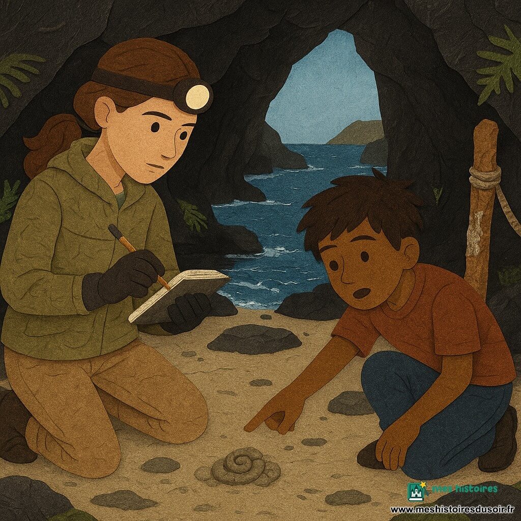 Maëlys, exploratrice au visage concentré, lampe frontale, veste kaki et carnet étanche, relève des mesures près d’une plage de galets dans une caverne de basalte noire; Noam, garçon d’environ 12 ans aux cheveux en bataille, s’accroupit émerveillé et montre une spirale de pierres et un mât rongé par le sel; la caverne, cratère strié avec fougères humides et une fente laissant passer une lumière bleue marine sur une anse protégée d’eau profonde, évoque découverte respectueuse et tension douce de la marée; détails: cordes et piton, marques de craie, gravures de vagues, empreintes de phoques; palette de papiers découpés texturés (noirs, bleus marins, verts mousse, blanc salé, ocre) en style collage à bords visibles, couches froissées et ombres contrastées; composition: Maëlys centre-gauche, Noam devant à droite, anse et lumière en arrière-plan pour guider le regard.