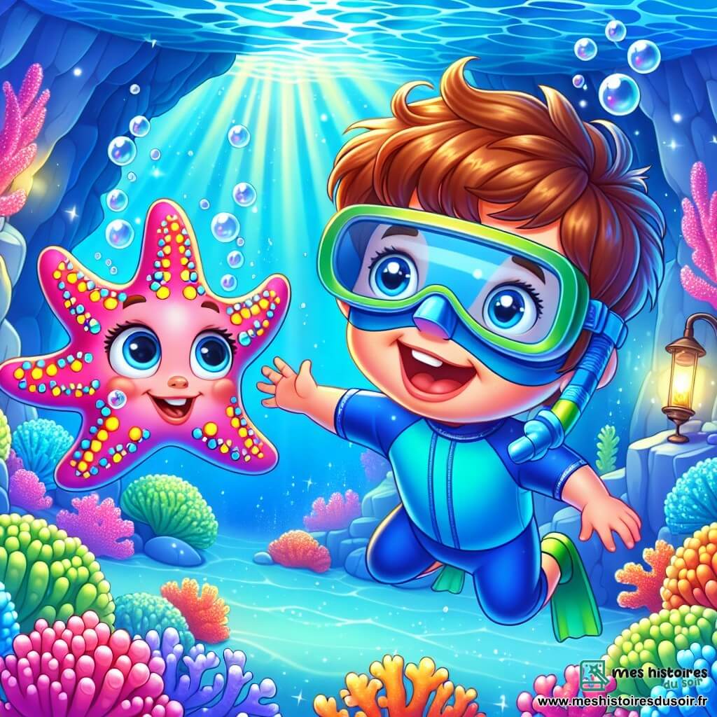 Léo, un petit garçon de 4 ans aux cheveux bruns en bataille et aux yeux curieux, nage joyeusement dans une eau turquoise. Il porte un maillot de bain bleu et un masque de plongée, affichant un grand sourire. À ses côtés, une étoile de mer colorée, Stella, flotte gracieusement. La scène se déroule dans une grotte sous-marine magique, où des coraux multicolores et des poissons phosphorescents créent une atmosphère féerique. Léo et Stella explorent ce monde sous-marin, découvrant des trésors et des créatures amicales, tandis que des bulles d'air s'échappent de leur plongée.