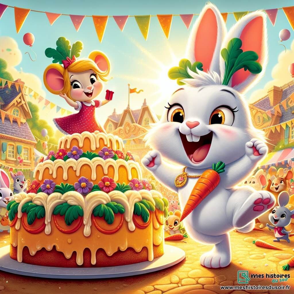 Léo, un jeune lapin au pelage blanc et aux yeux malicieux, est au centre de l'image, sautant de joie avec un sourire, portant un collier en carottes en plastique. À côté de lui, Chloé la souris, vive avec une robe à pois, lève les bras, rayonnante de bonheur, tenant une boîte rouge. En arrière-plan, une place de village animée est décorée de banderoles et de ballons, avec des amis animaux autour d'une grande table où se trouve un énorme gâteau à la carotte. La scène est éclairée par le soleil couchant, créant une ambiance festive. Léo et Chloé célèbrent l'anniversaire de Léo, entourés de leurs amis, prêts à déguster le gâteau et à partager des rires.