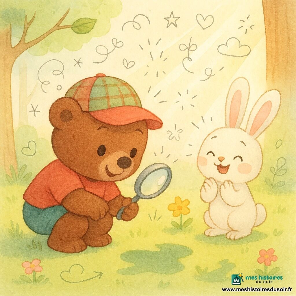 Petit Ours, un ourson brun rondouillard en casquette à carreaux rouge et vert, tient une loupe brillante et, accroupi, observe avec curiosité et joie l’ombre d’une feuille tournante sur l’herbe; à côté, Lapin, un petit lapin blanc aux grandes oreilles roses, sourit et applaudit, ravi par la découverte. En arrière-plan, une branche porte une feuille qui tourne et une fleur jaune projette une douce ombre. La scène se déroule dans une clairière ensoleillée au milieu d’une forêt douce : herbe verte tendre, fleurs éparses, troncs clairs, rayons de soleil chauds et ombres nettes. Ambiance lumineuse, paisible et pleine de curiosité, tons pastel, lignes rondes et textures aquarelle, avec de petits doodles (flèches, loupe, étoiles) pour souligner l’esprit d’enquête.