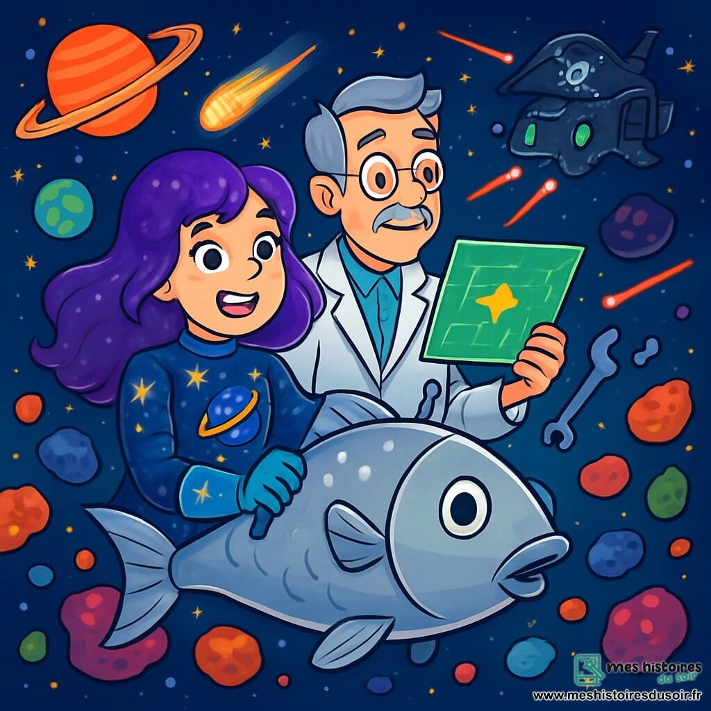 Lila, une jeune femme aux cheveux violets brillants, sourit avec excitation tout en manœuvrant un vaisseau spatial en forme de poisson argenté. À ses côtés, son père, un homme d'âge moyen aux cheveux argentés et lunettes rondes, observe une carte holographique, concentré et fier, vêtu d'une blouse de laboratoire. Ils traversent un champ d'astéroïdes colorés, illuminés par des lumières scintillantes, tandis que des planètes vives et des comètes ajoutent de la magie à la scène. Ils fuient un vaisseau pirate menaçant, entourés de lasers, créant une atmosphère de tension et d'excitation.