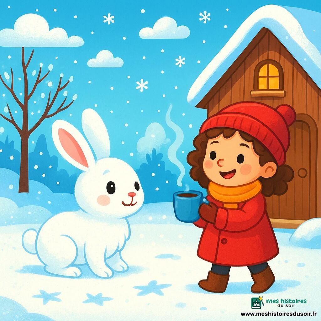 Un petit lapin blanc nommé Nuage, avec une fourrure douce, se tient dans un jardin couvert de neige scintillante. Ses grandes oreilles sont dressées et ses yeux brillent d'excitation. Il fait des pas dans la neige, laissant des empreintes en forme d'étoile. À proximité, une petite fille aux cheveux bouclés et aux joues roses, portant un manteau rouge et une écharpe, sourit en tenant une tasse de chocolat chaud. Elle regarde Nuage avec bienveillance, près de la maison en bois. Le jardin est entouré d'arbres dénudés et le ciel est bleu clair avec des nuages blancs. La scène montre Nuage découvrant la magie de l'hiver, marchant joyeusement dans la neige, encouragé par la petite fille.